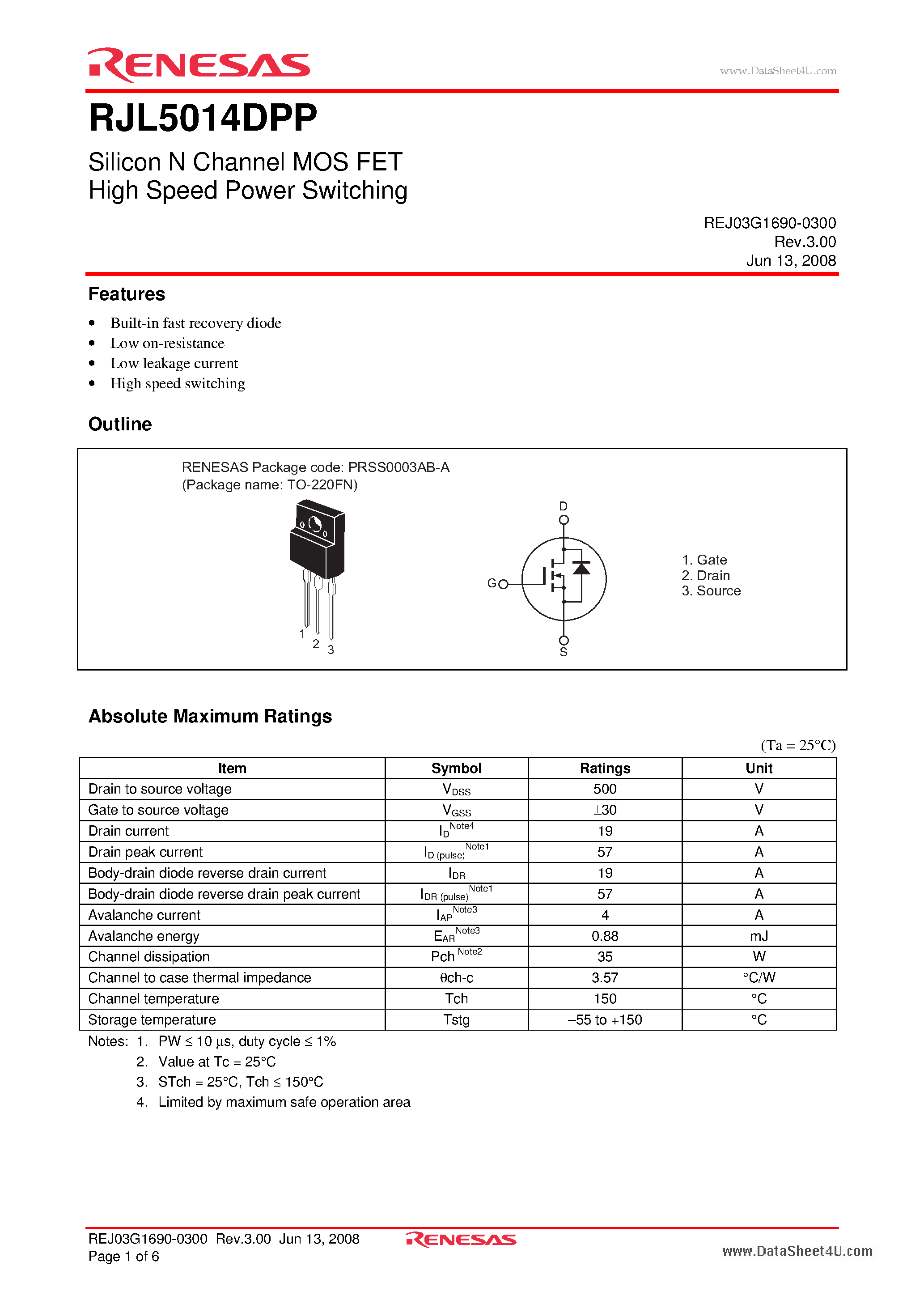 Datasheet RJL5014DPP - Silicon N Channel MOS FET High Speed Power Switching page 1