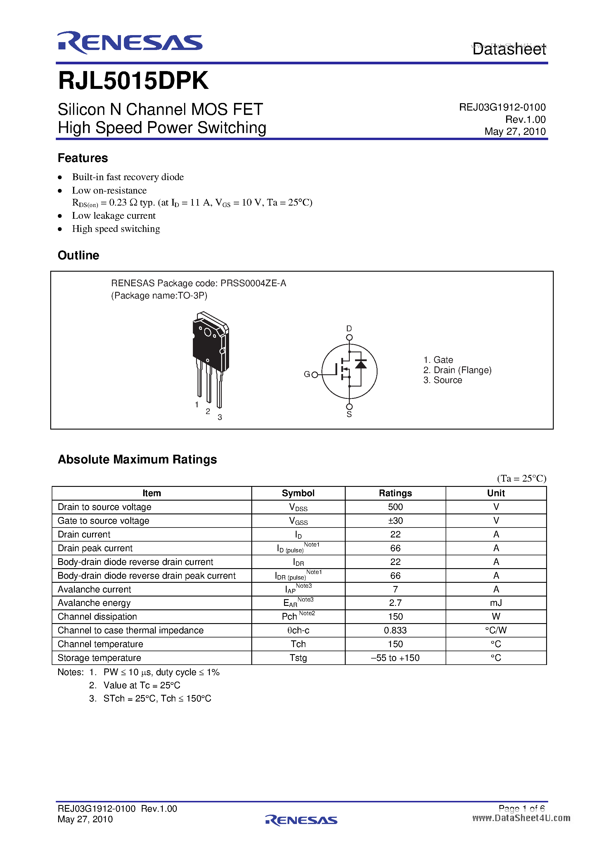 Datasheet RJL5015DPK - Silicon N Channel MOS FET High Speed Power Switching page 1