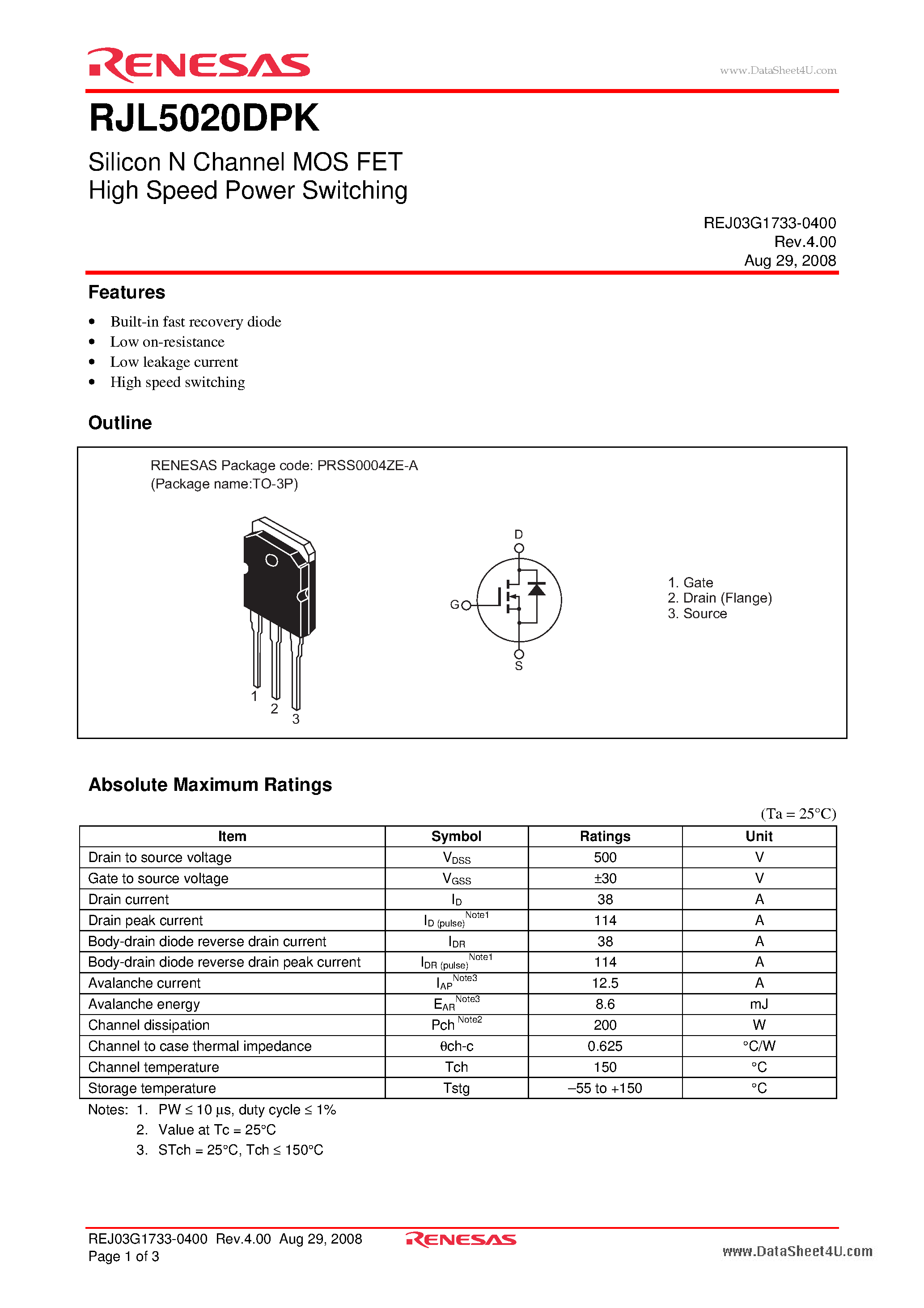 Datasheet RJL5020DPK - Silicon N Channel MOS FET High Speed Power Switching page 1