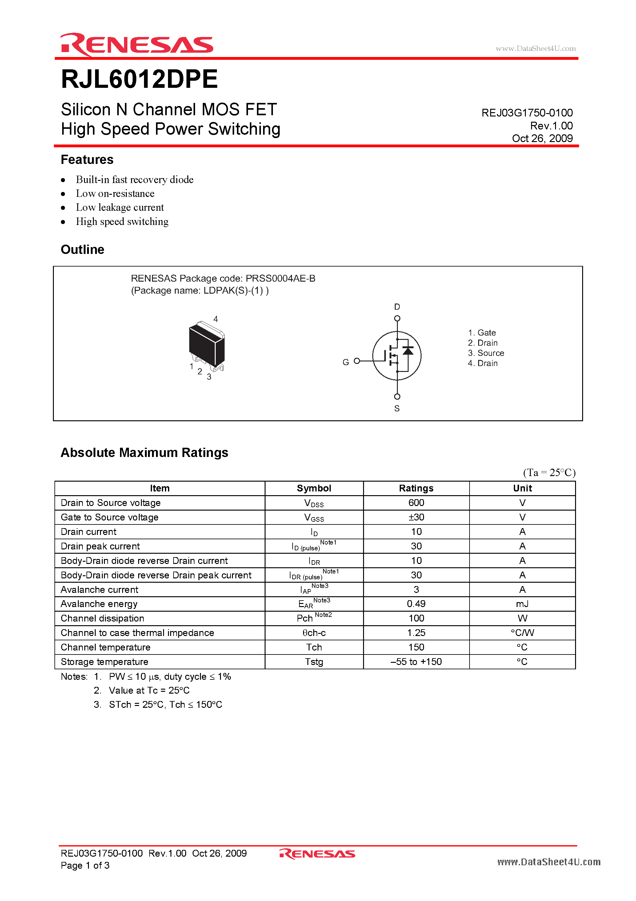 Datasheet RJL6012DPE - Silicon N Channel MOS FET High Speed Power Switching page 1