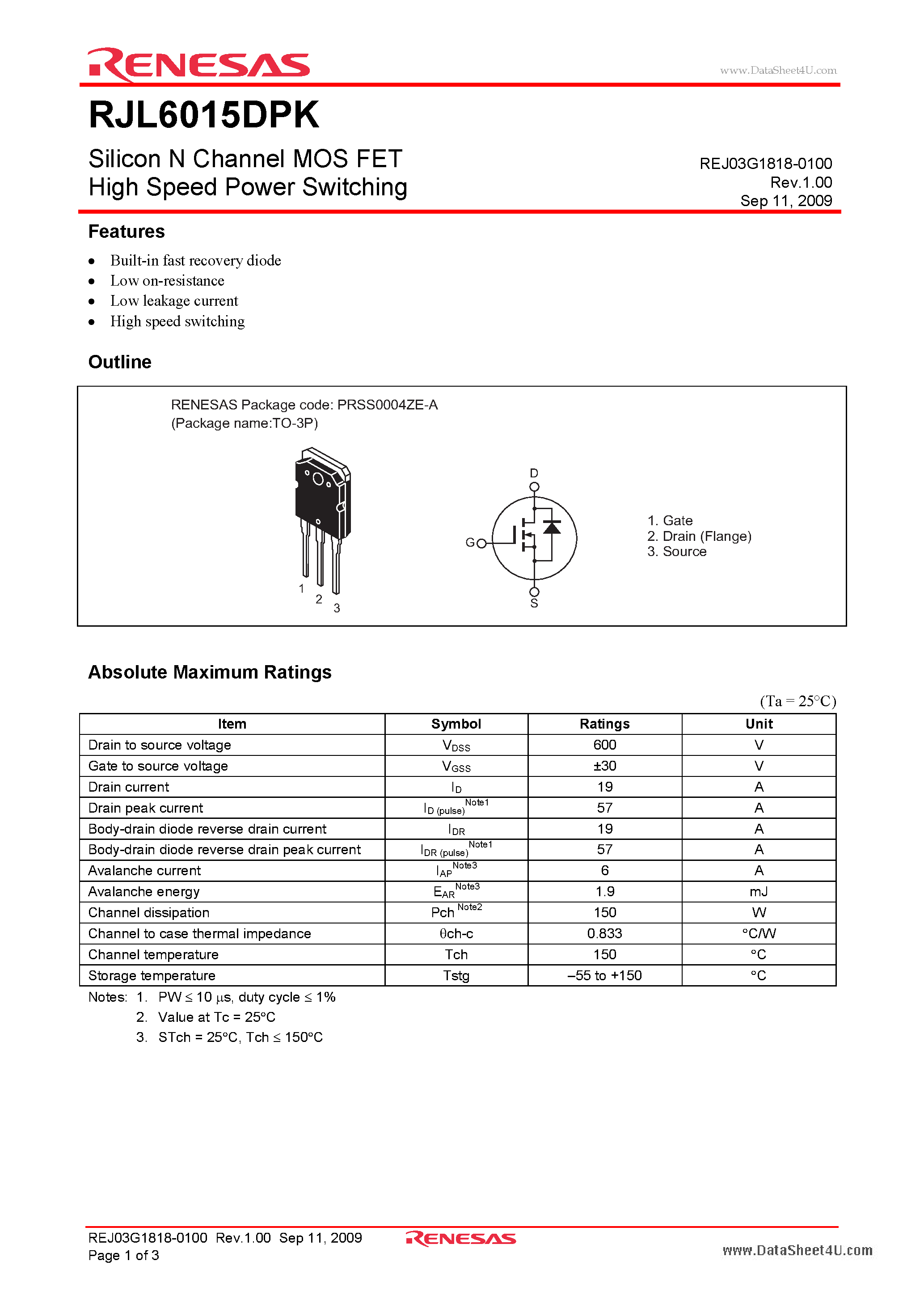 Datasheet RJL6015DPK - Silicon N Channel MOS FET High Speed Power Switching page 1