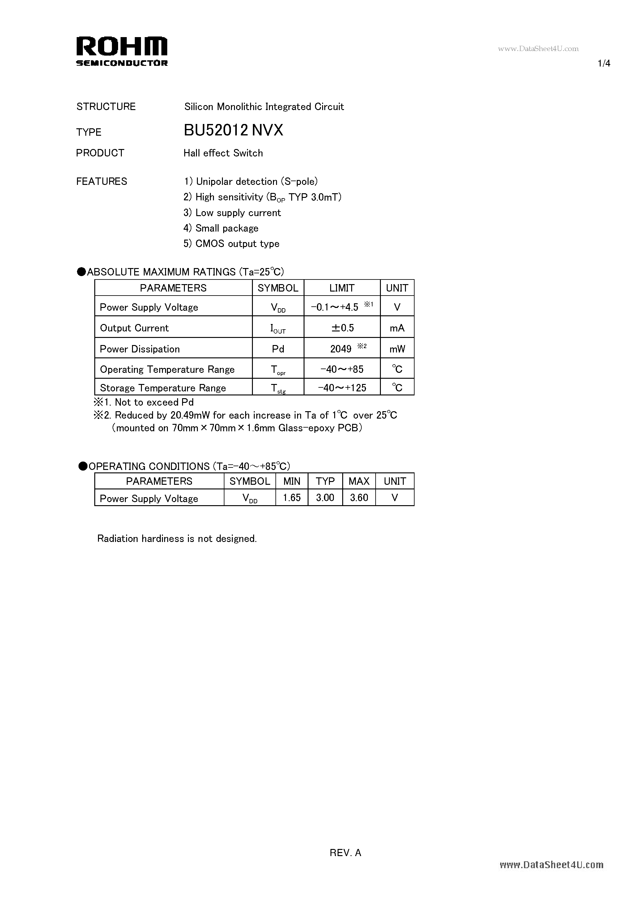 Даташит на микросхему BU52012NVX страница 1 Даташит BU52012NVX - Hall effect Switch страница 1