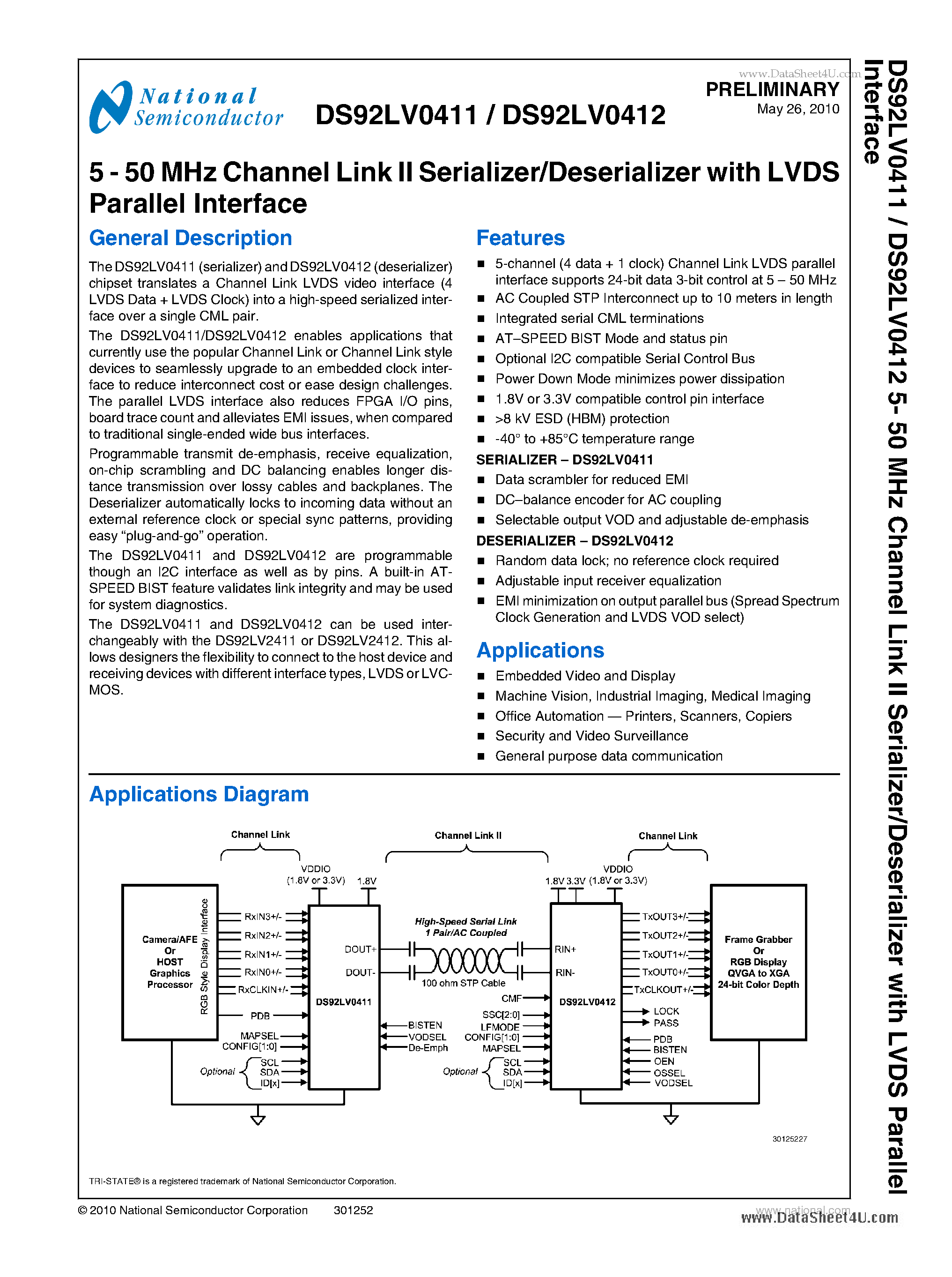 Datasheet DS92LV0411 page 1 Datasheet DS92LV0411 - 5 - 50 MHz Channel Link II Serializer/Deserializer page 1