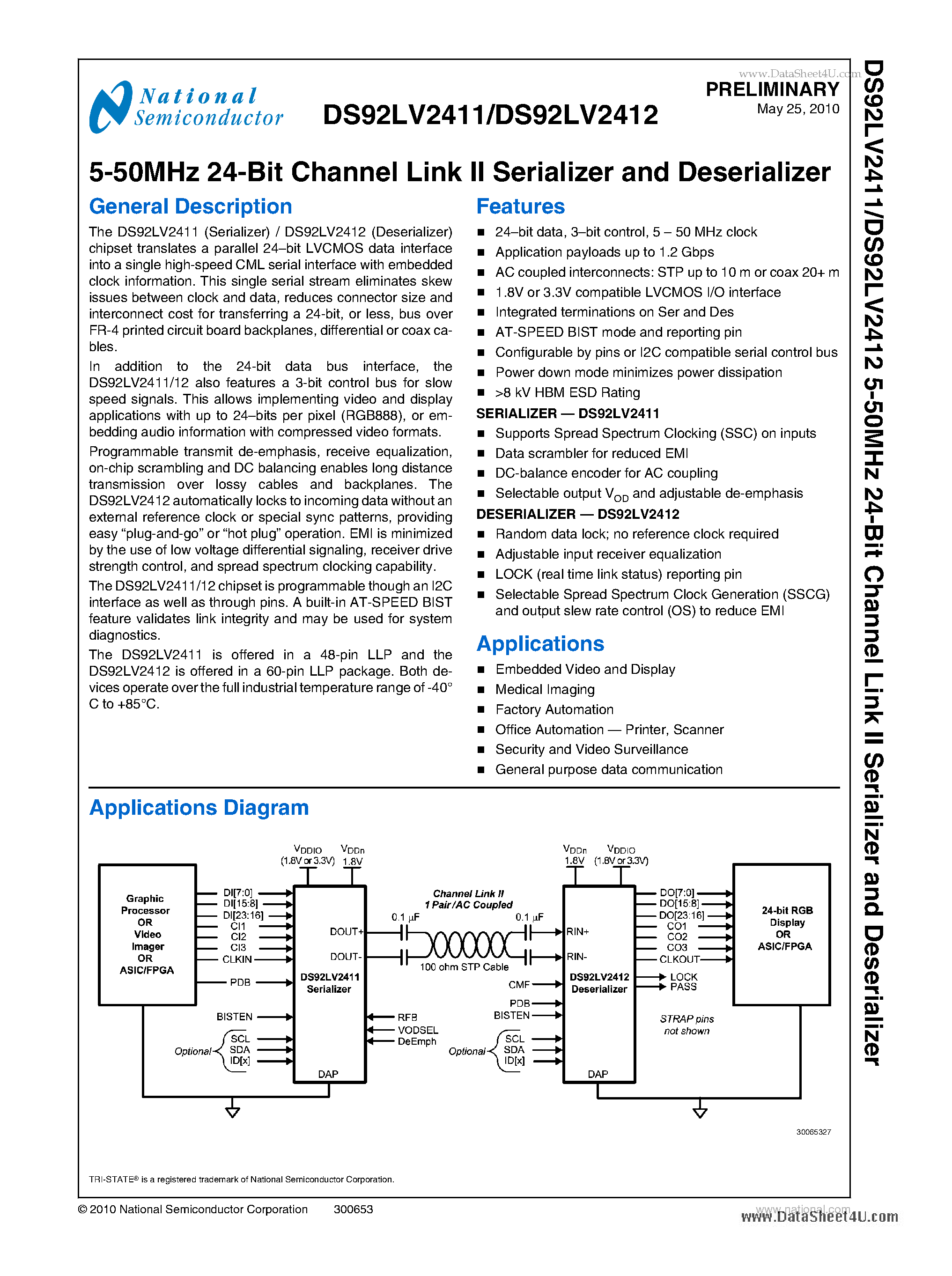 Datasheet DS92LV2411 page 1 Datasheet DS92LV2411 - 5-50MHz 24-Bit Channel Link II Serializer and Deserializer page 1