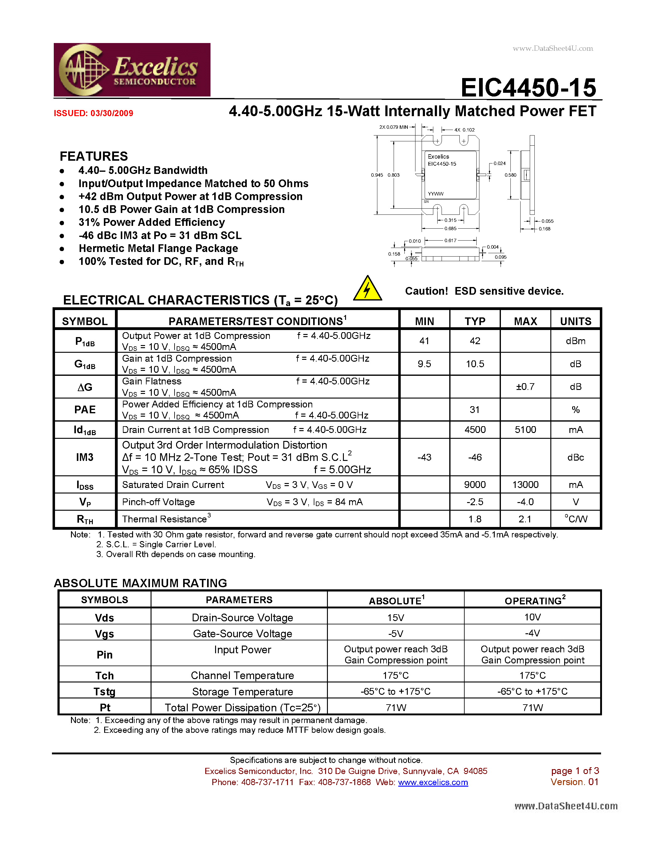 Datasheet EIC4450-15 - 4.40-5.00GHz 15-Watt Internally Matched Power FET page 1