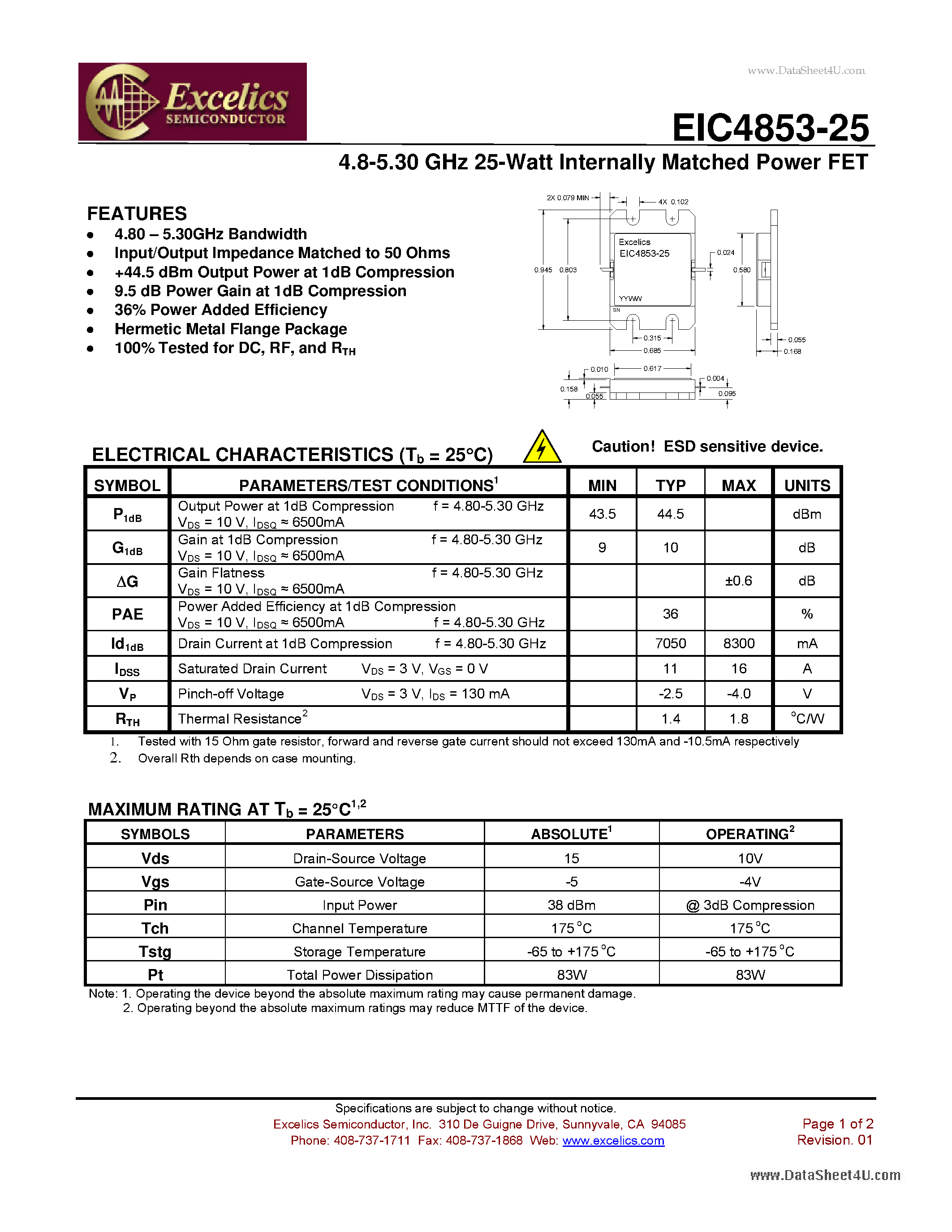 Datasheet EIC4853-25 - 4.8-5.30 GHz 25-Watt Internally Matched Power FET page 1