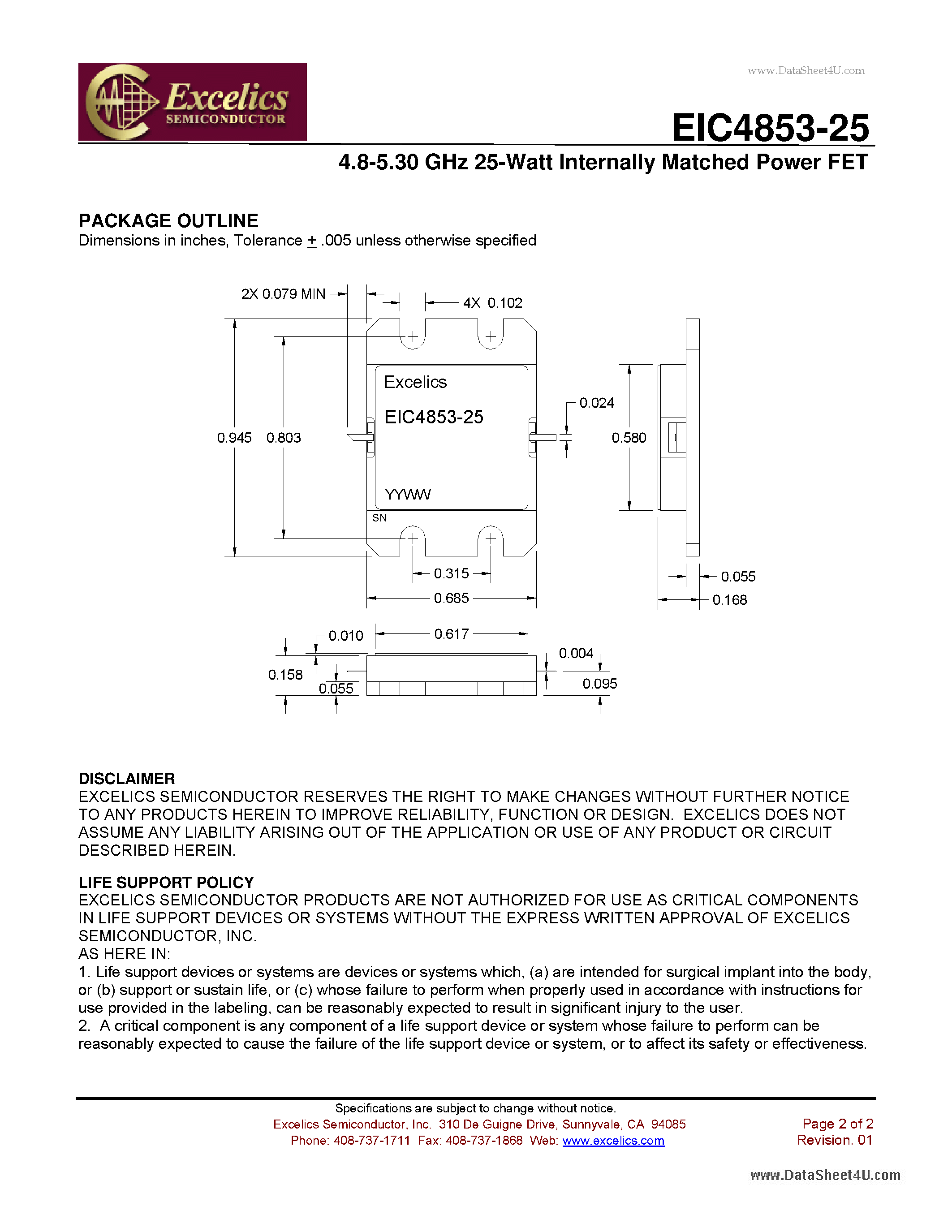 Datasheet EIC4853-25 - 4.8-5.30 GHz 25-Watt Internally Matched Power FET page 2