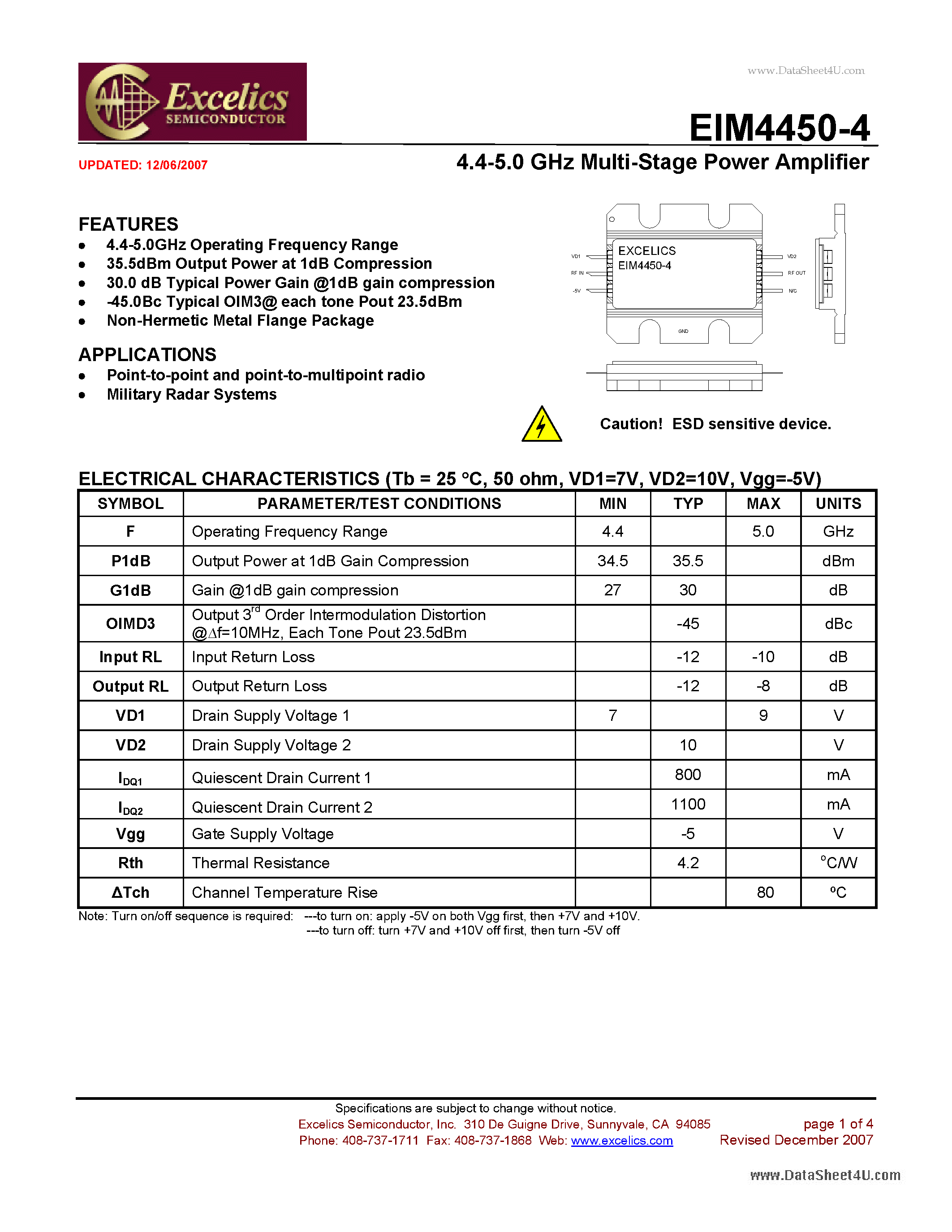 Даташит EIM4450-4 - 4.4-5.0 GHz Multi-Stage Power Amplifier страница 1