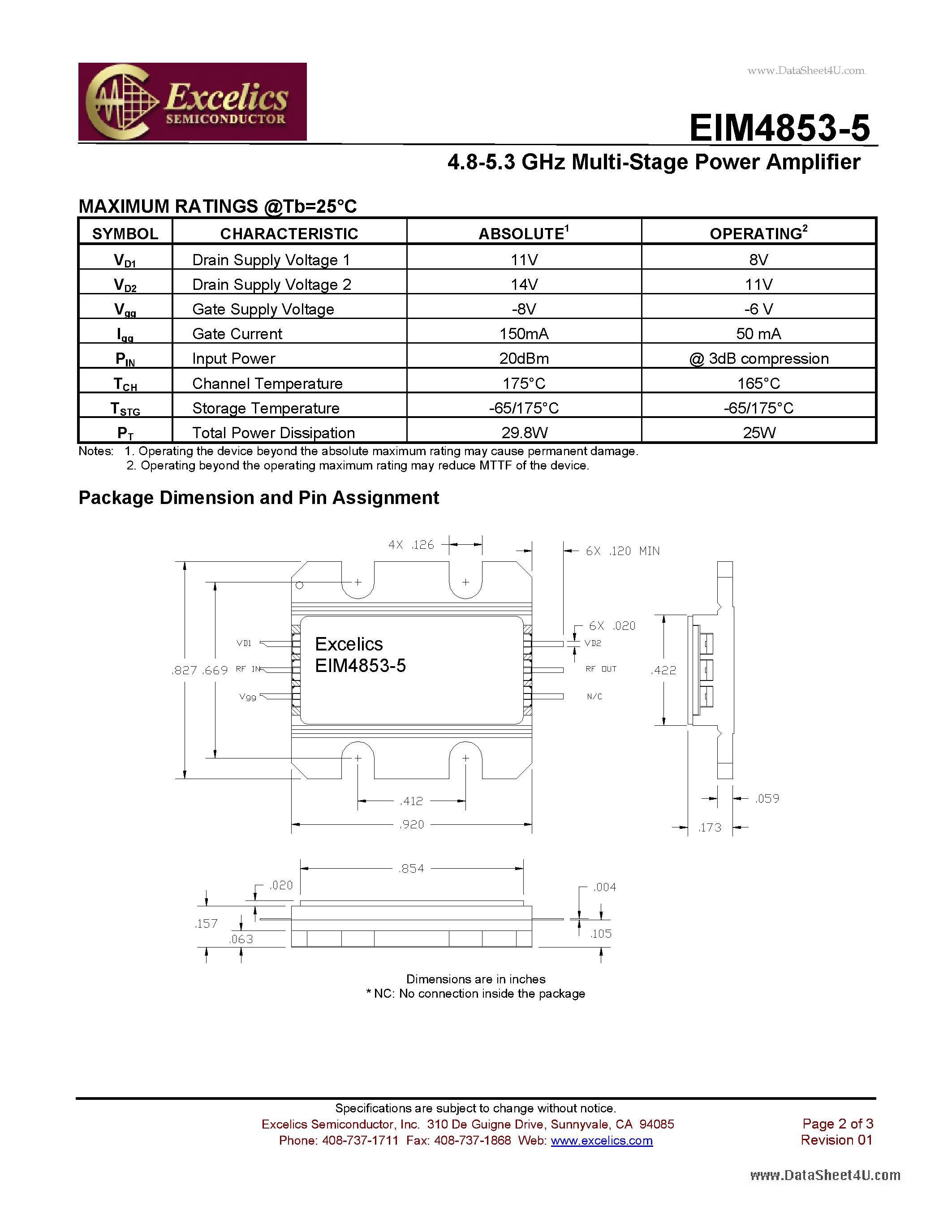 Даташит EIM4853-5 - 4.8-5.3 GHz Multi-Stage Power Amplifier страница 2