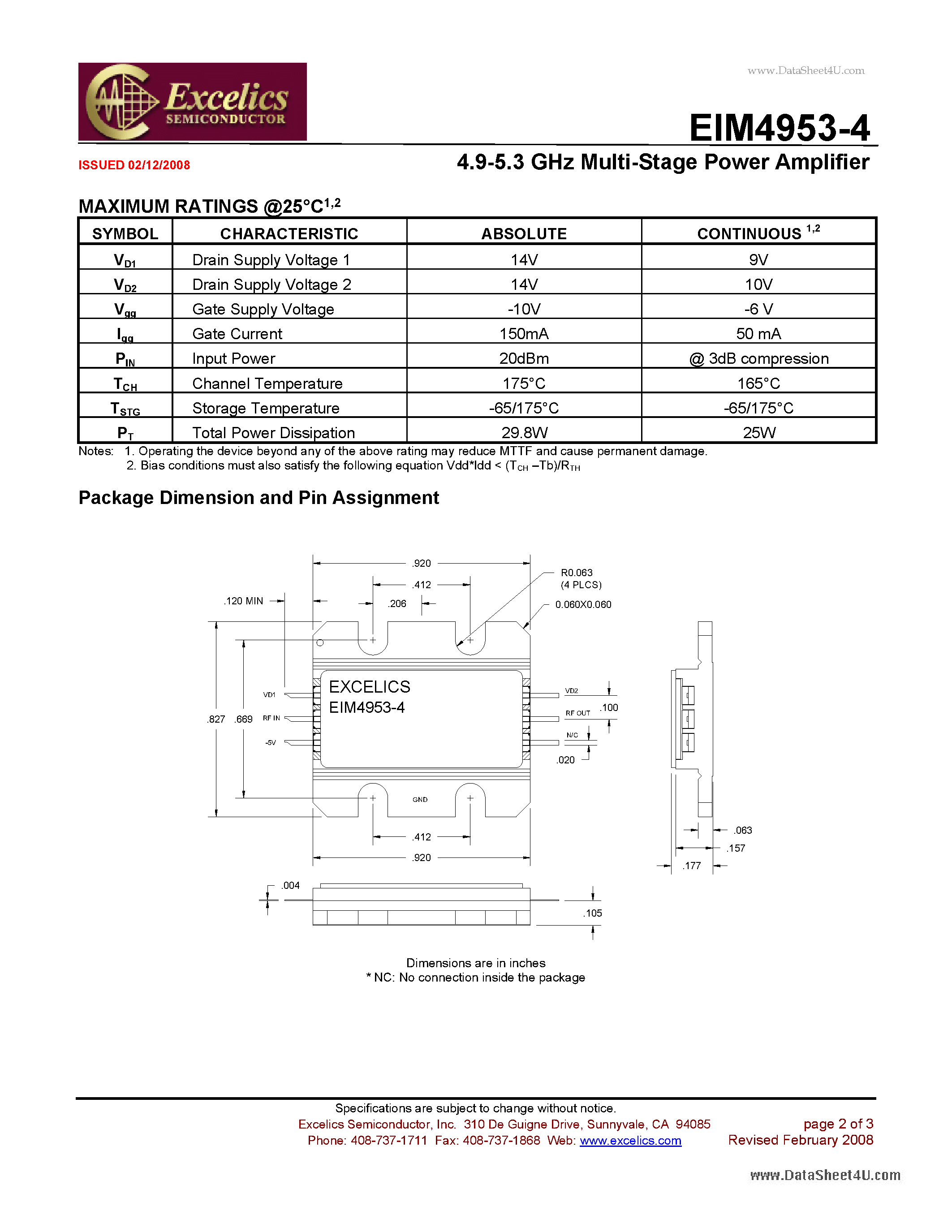 Даташит EIM4953-4-4.9-5.3 GHz Multi-Stage Power Amplifier страница 2