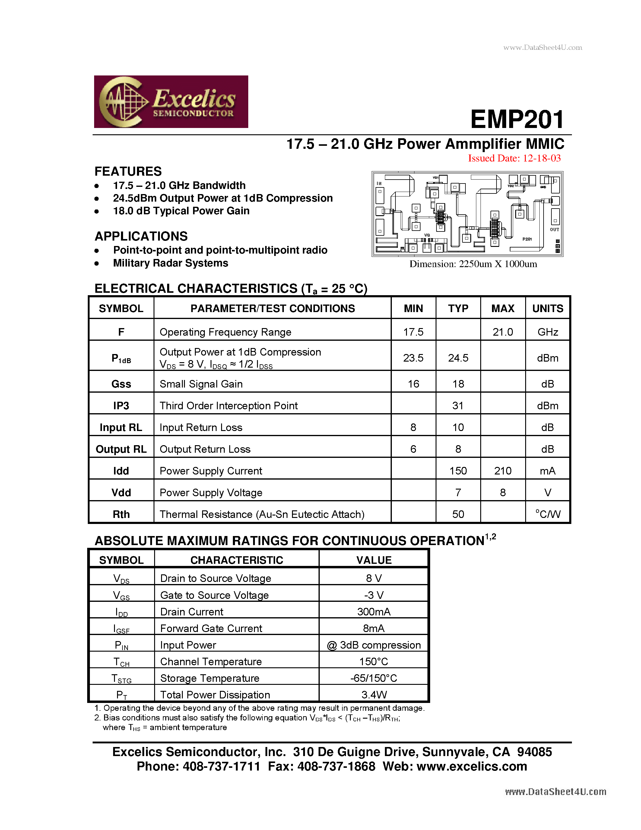 Datasheet EMP201 - 17.5 - 21.0 GHz Power Ammplifier MMIC page 1