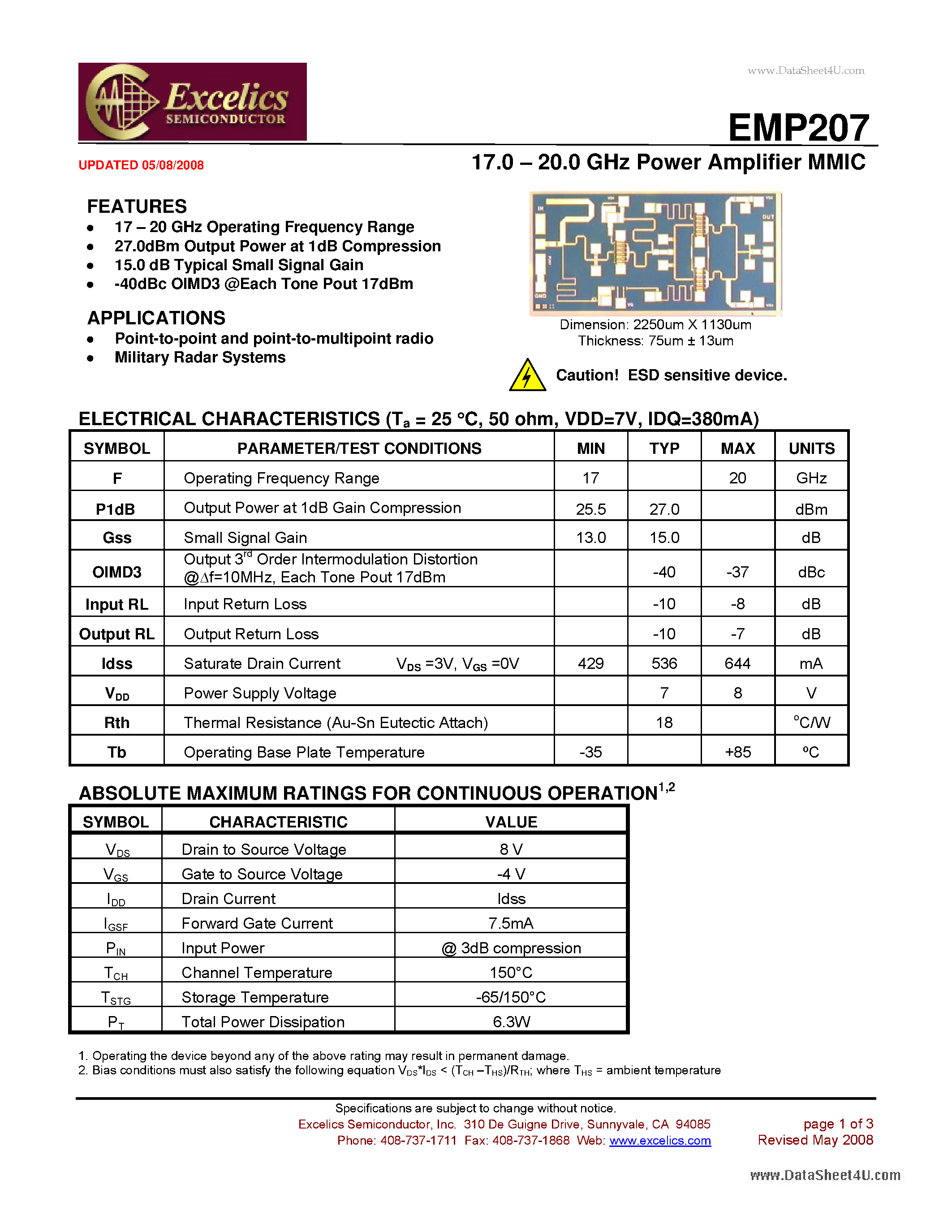 Datasheet EMP207 - 17.0 - 20.0 GHz Power Amplifier MMIC page 1