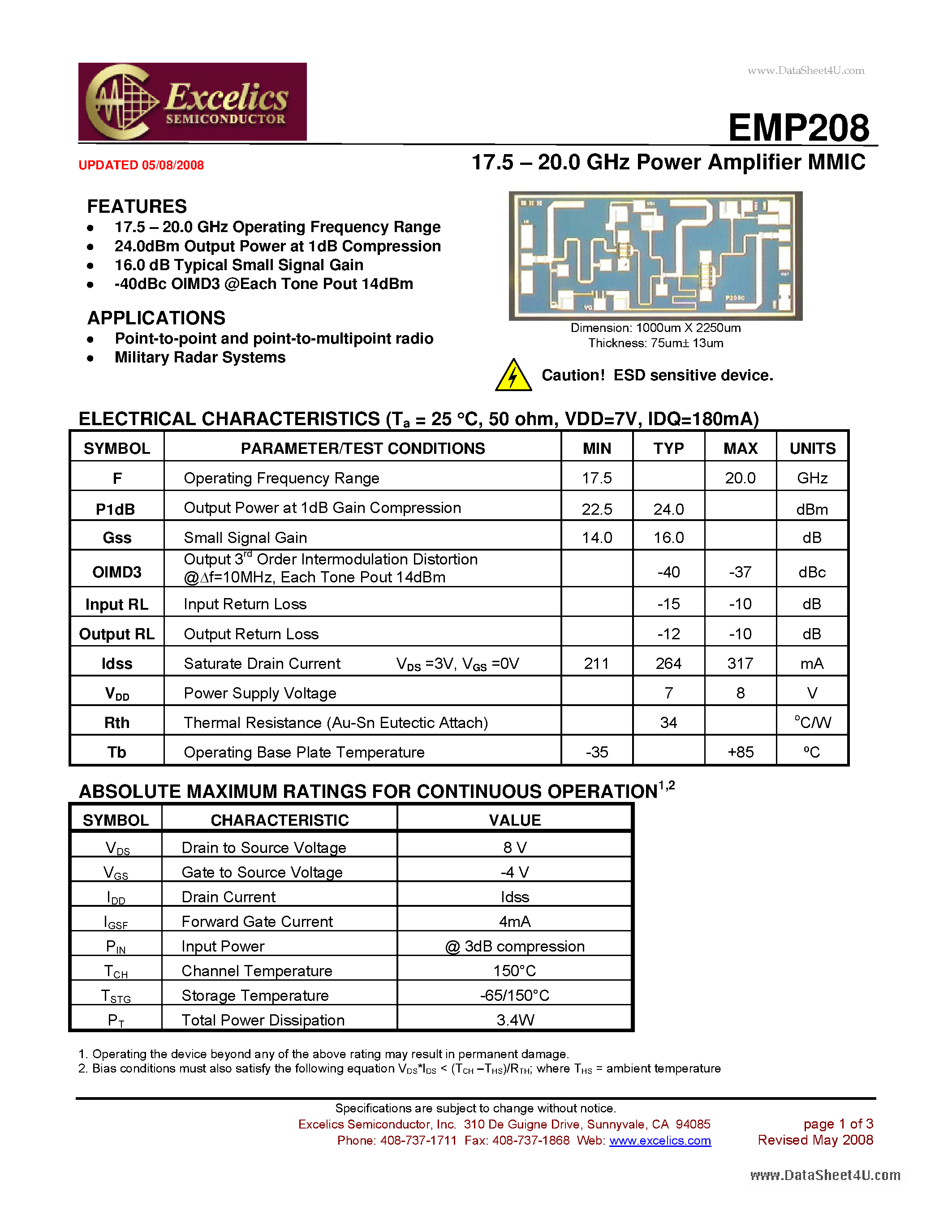 Datasheet EMP208 - 17.5 - 20.0 GHz Power Amplifier MMIC page 1