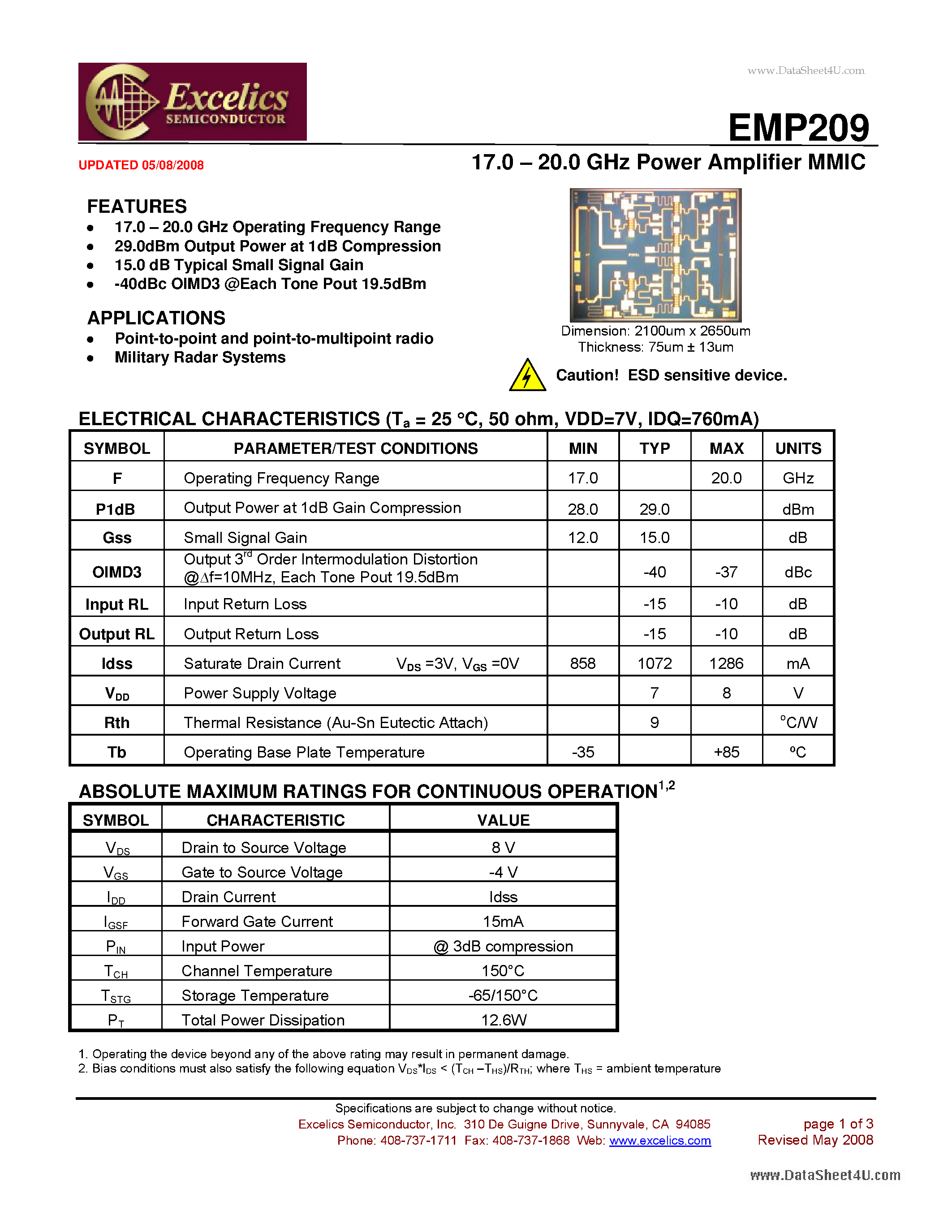 Datasheet EMP209 - 17.5 - 20.0 GHz Power Amplifier MMIC page 1