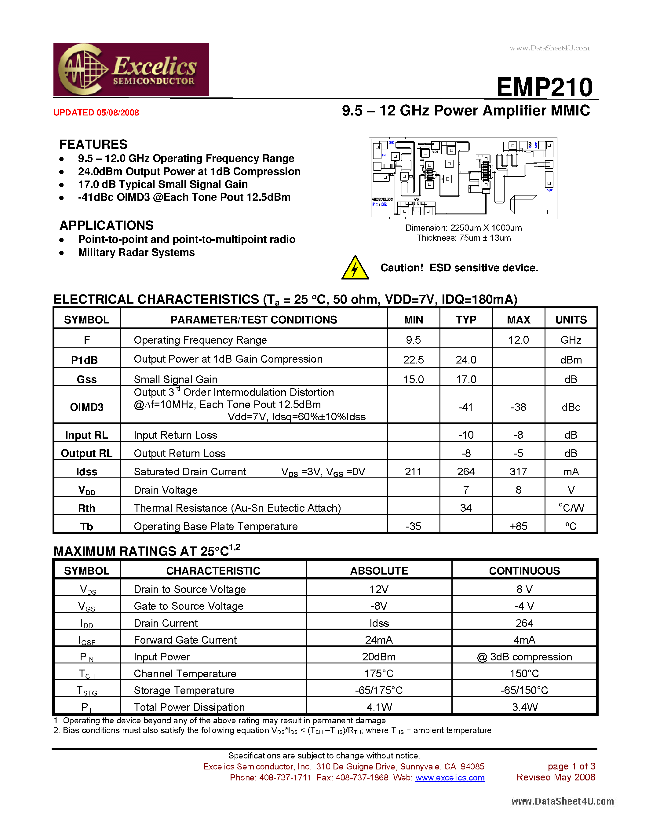 Даташит EMP210 - 9.5 - 12 GHz Power Amplifier MMIC страница 1