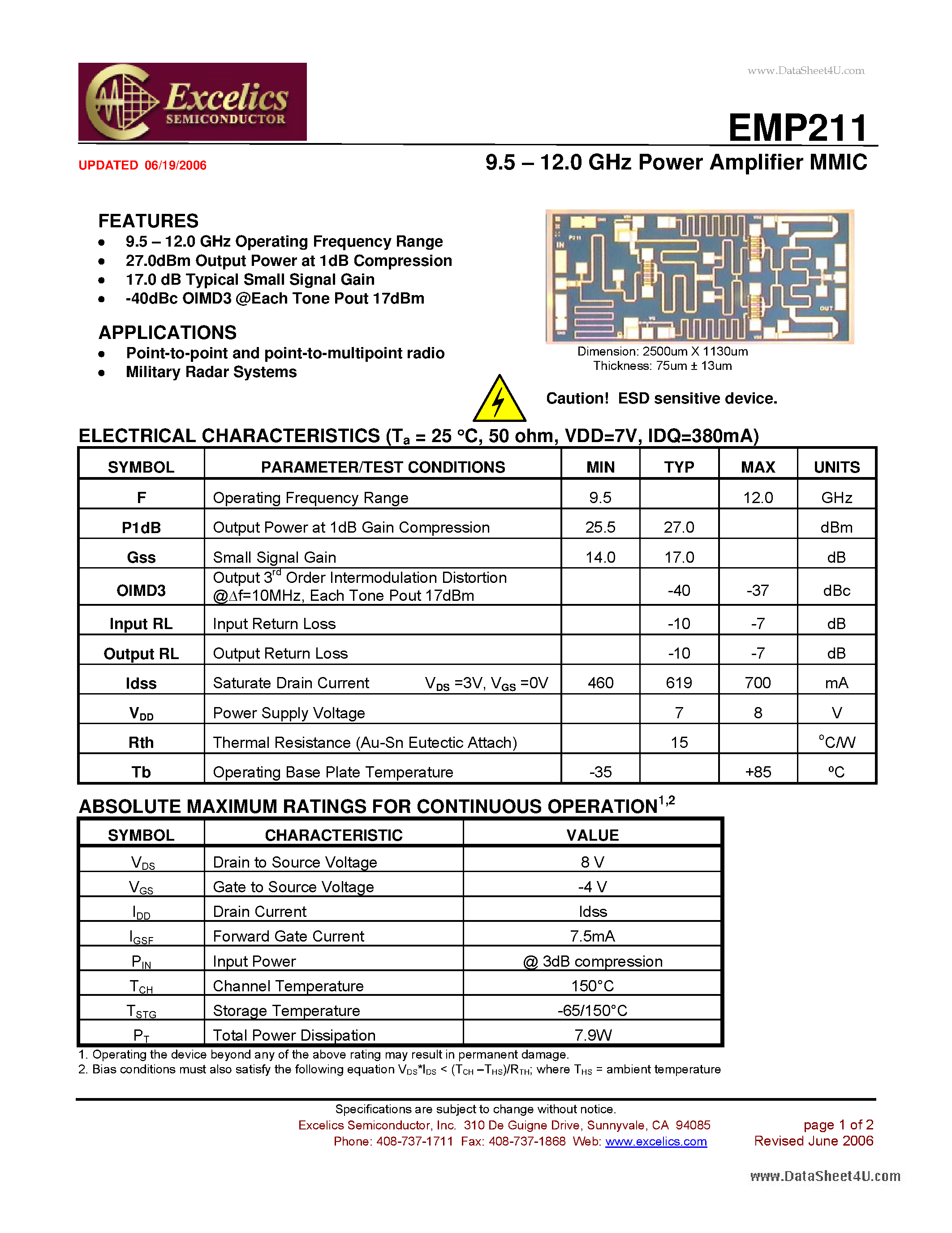 Даташит EMP211 - 9.5 - 12.0 GHz Power Amplifier MMIC страница 1