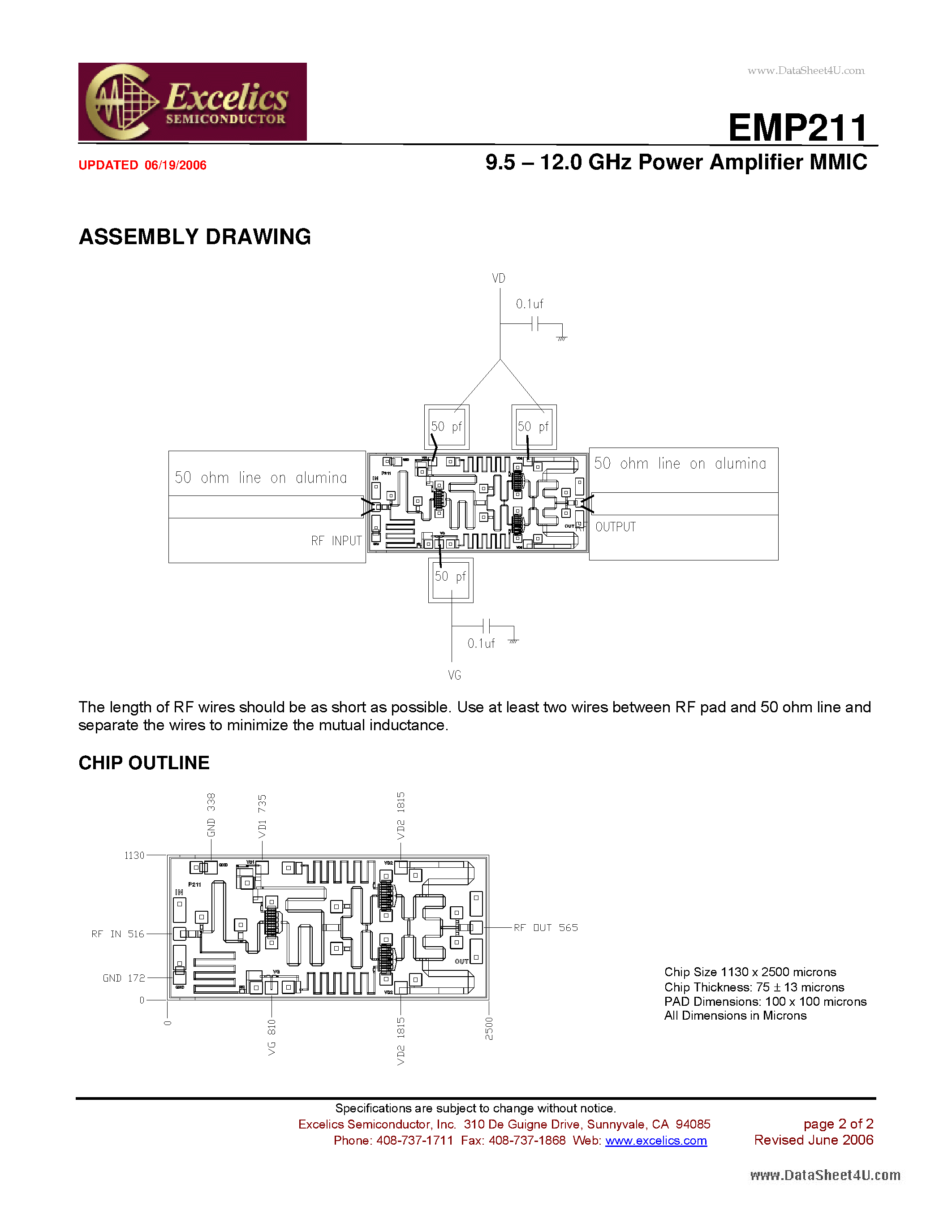 Даташит EMP211 - 9.5 - 12.0 GHz Power Amplifier MMIC страница 2