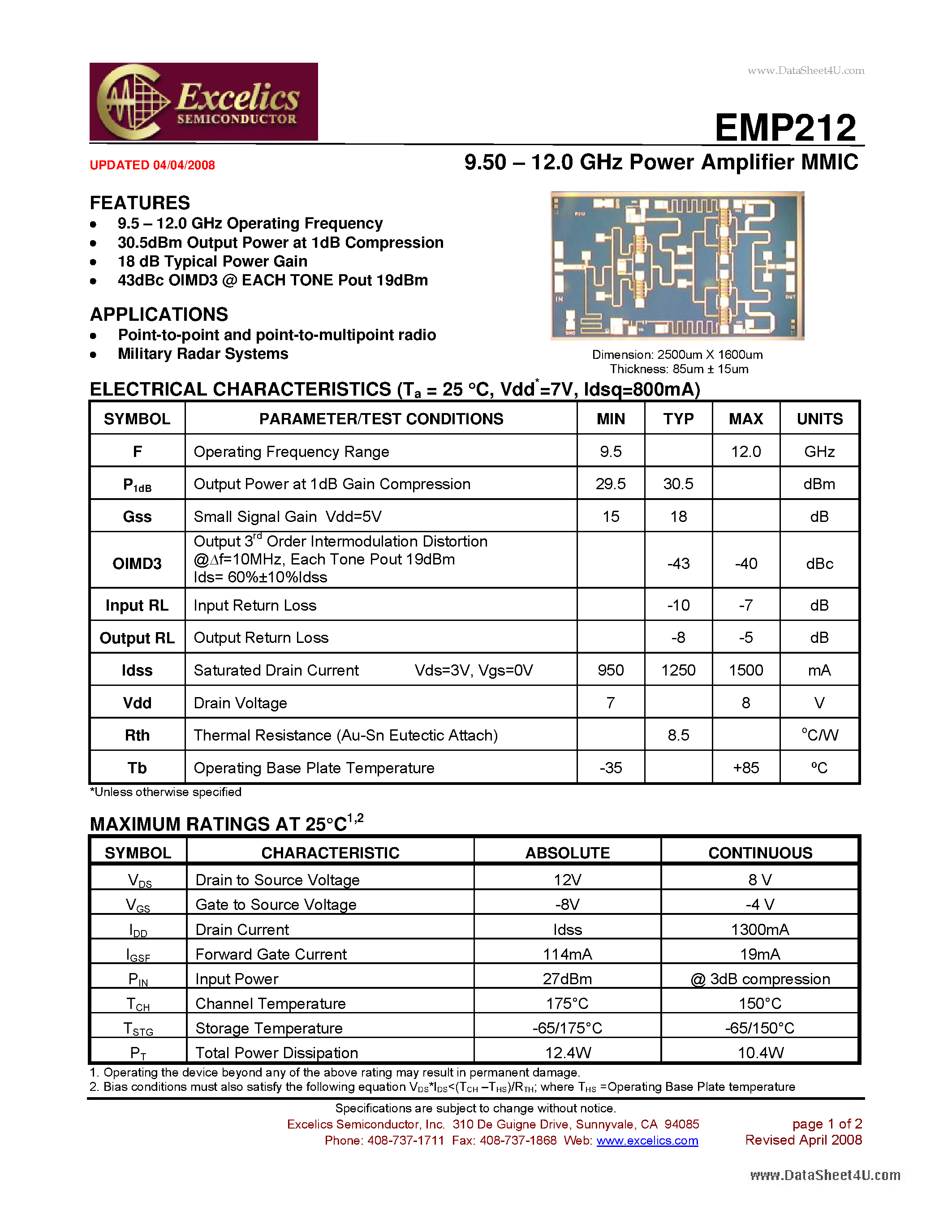 Даташит EMP212 - 9.50 - 12.0 GHz Power Amplifier MMIC страница 1