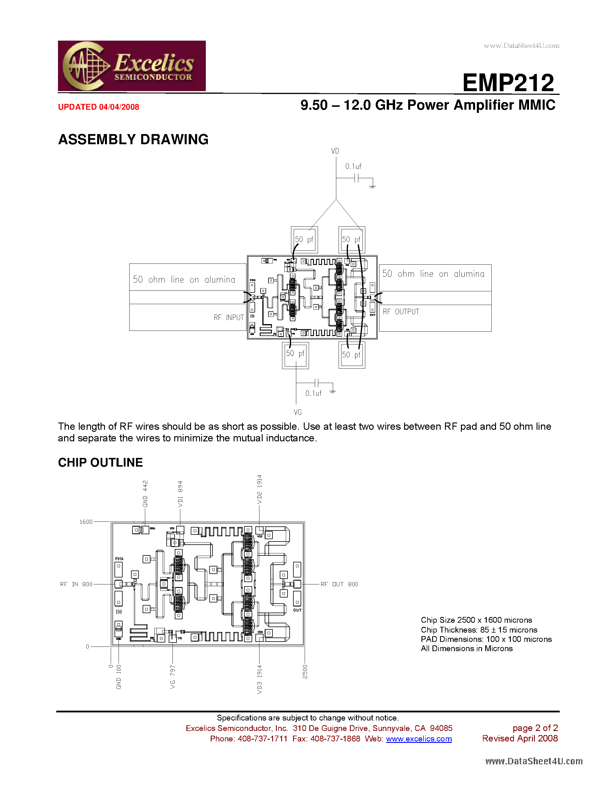 Даташит EMP212 - 9.50 - 12.0 GHz Power Amplifier MMIC страница 2