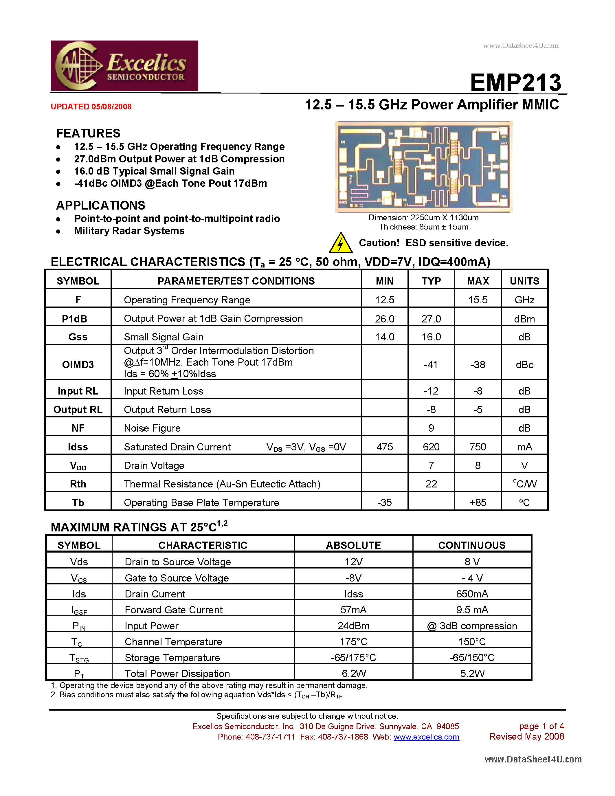 Datasheet EMP213 - 12.5 - 15.5 GHz Power Amplifier MMIC page 1