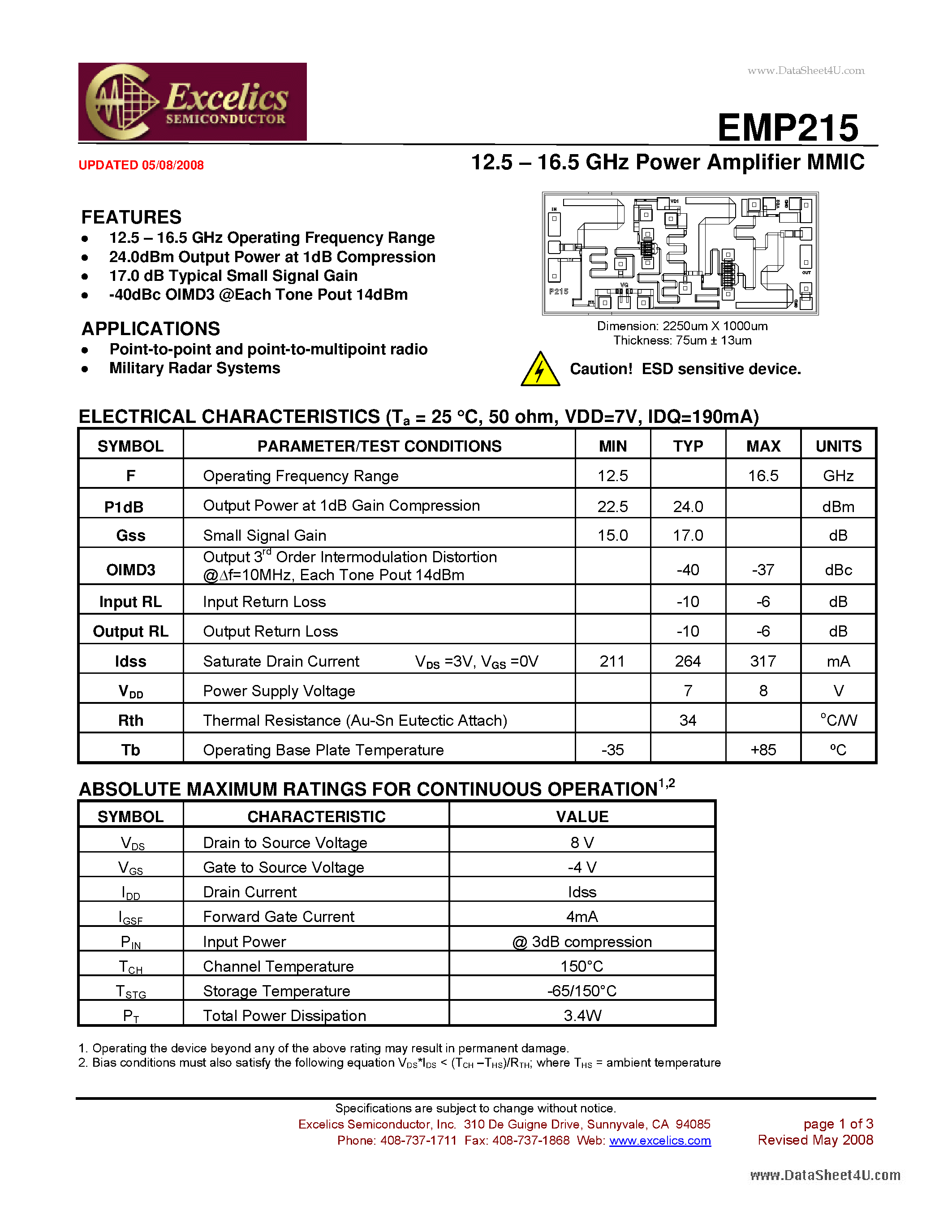 Datasheet EMP215 - 12.5 - 16.5 GHz Power Amplifier MMIC page 1
