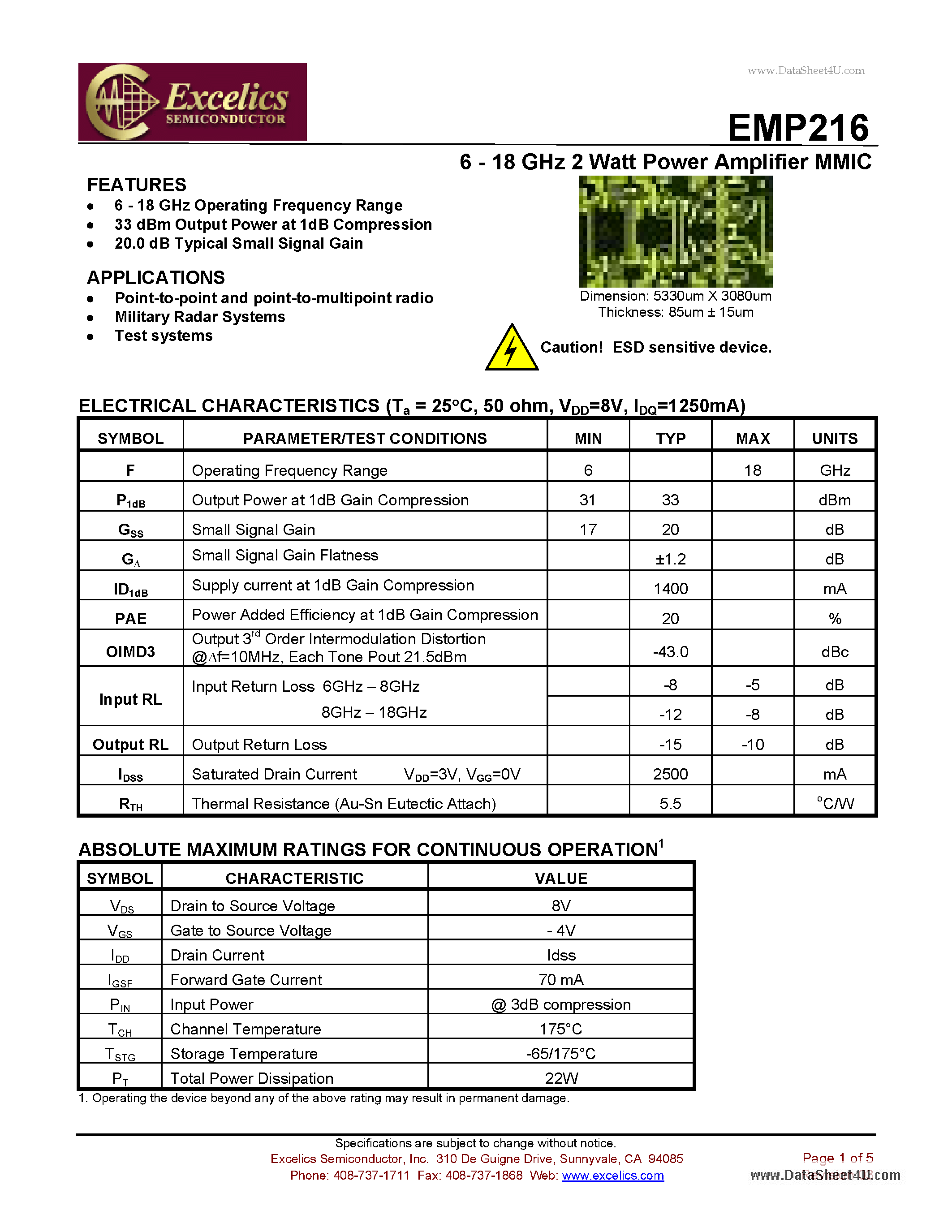 Datasheet EMP216 page 1 Datasheet EMP216 - 6 - 18 GHz 2 Watt Power Amplifier MMIC page 1