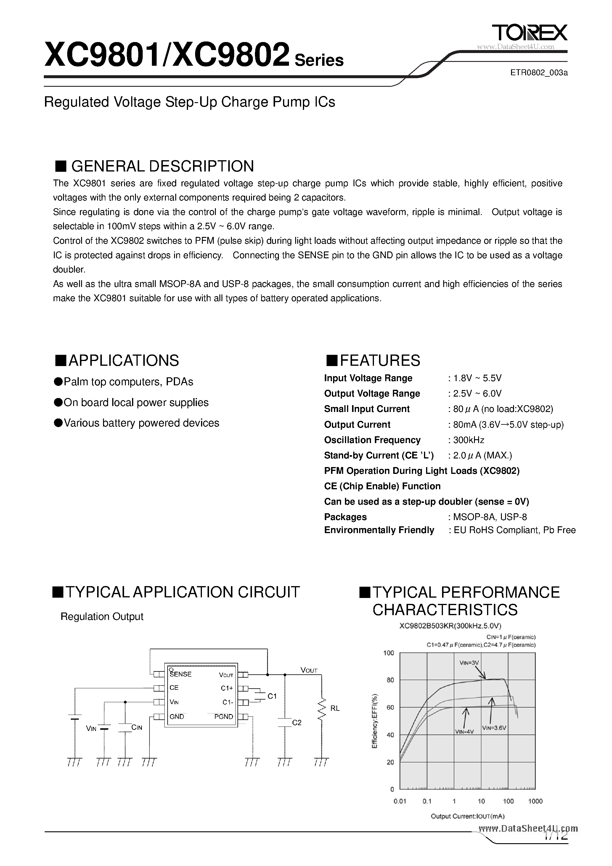 Даташит на микросхему XC9801 страница 1 Даташит XC9801 - Regulated Voltage Step-Up Charge Pump ICs страница 1