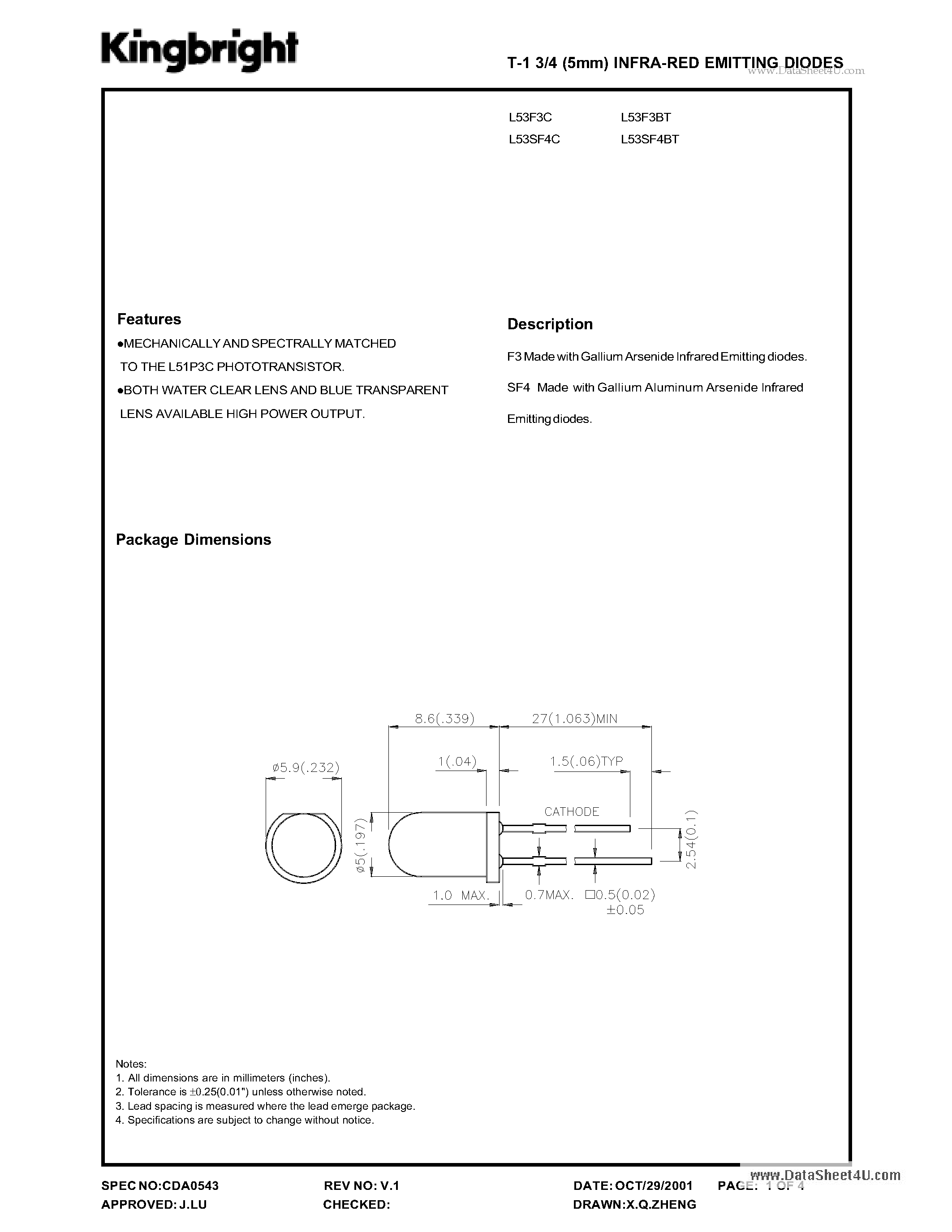 Datasheet L53F3BT - T-1 3/4(5mm) in ra-red emitting diode page 1