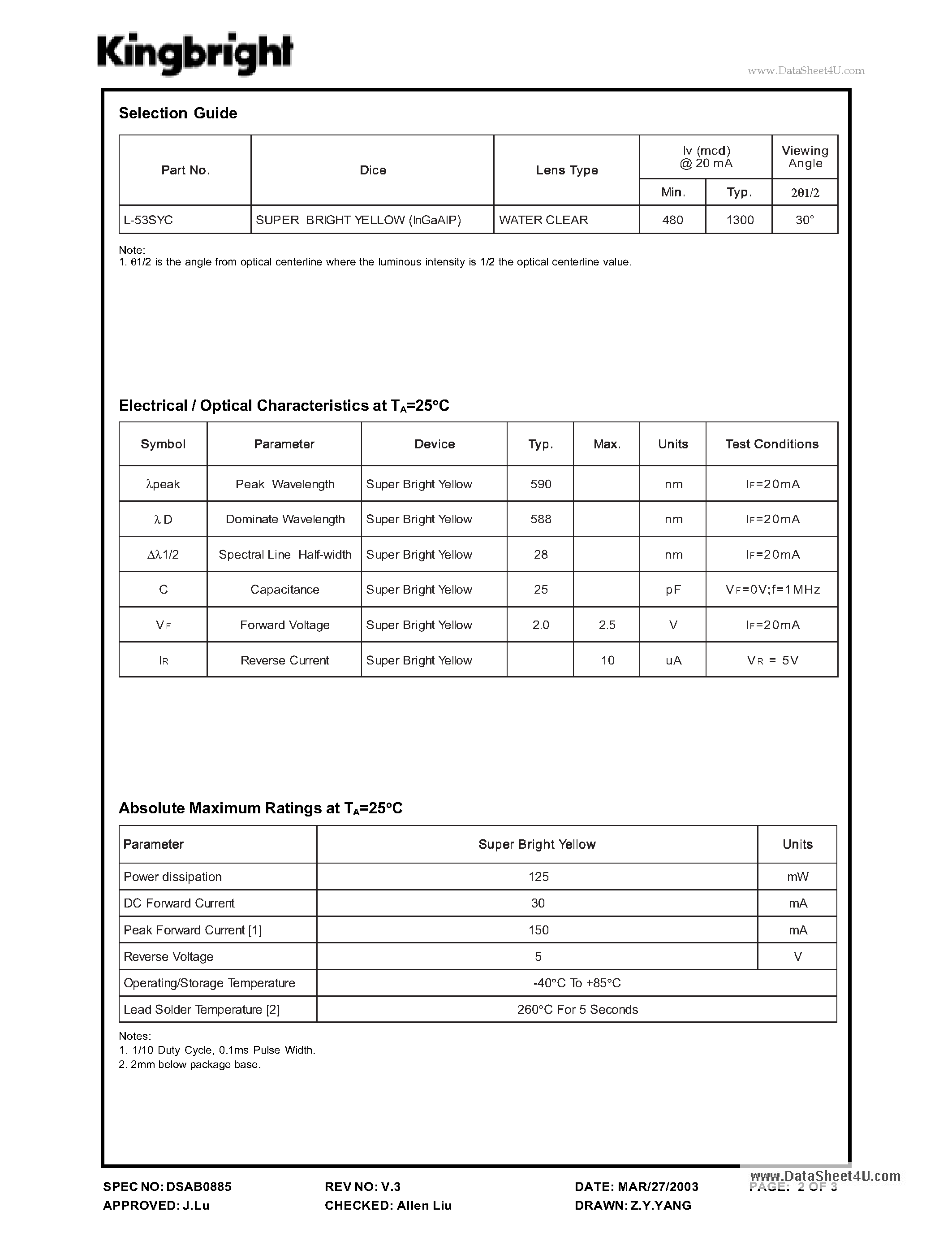 Datasheet L53SYC - T-1 3/4 (5mm) SOLID STATE LAMP page 2