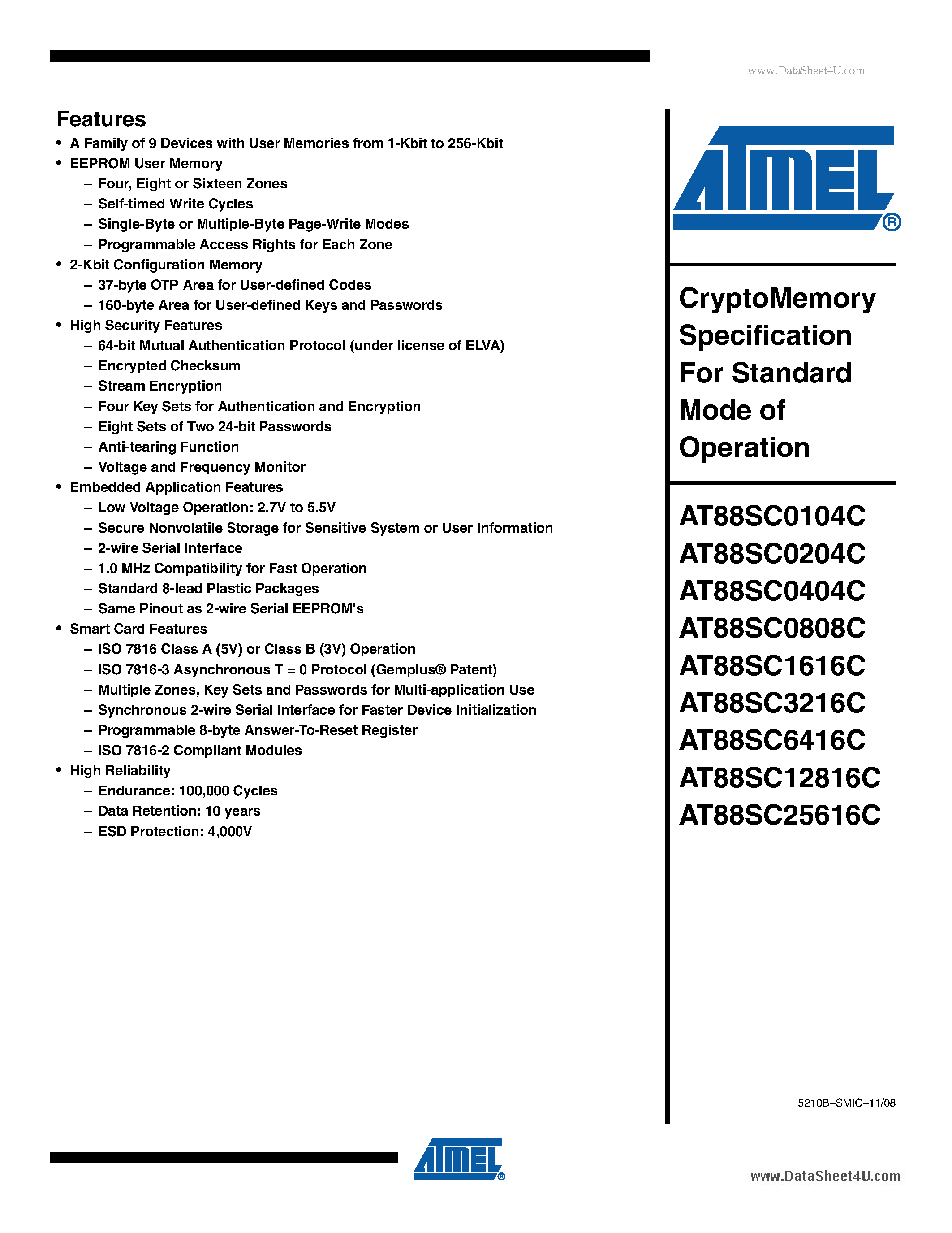 Даташит на микросхему AT88SC0204C страница 1 Даташит AT88SC0204C - (AT88SCxxxxxC) CryptoMemory Specification For Standard Mode of Operation страница 1