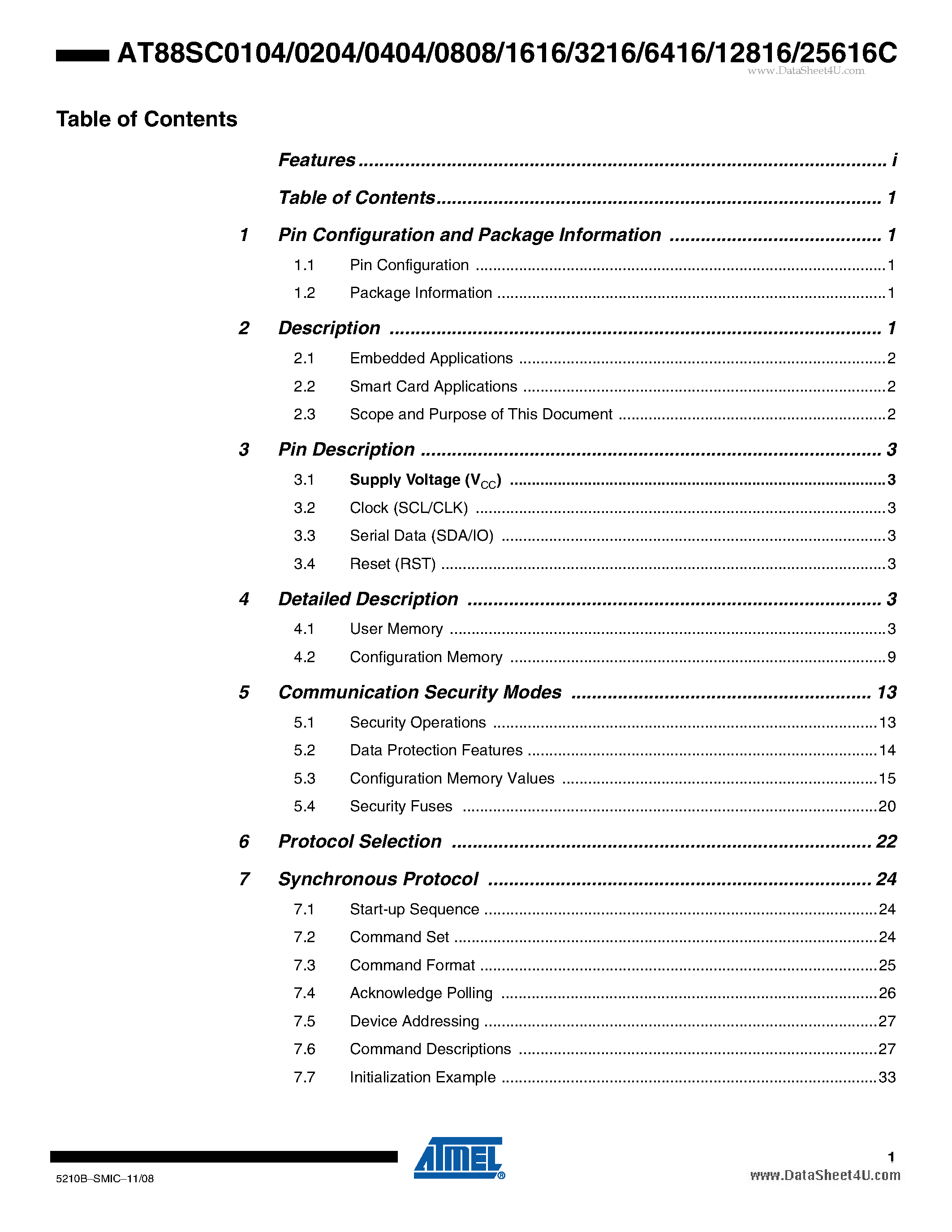 Даташит на микросхему AT88SC0204C страница 2 Даташит AT88SC0204C - (AT88SCxxxxxC) CryptoMemory Specification For Standard Mode of Operation страница 2