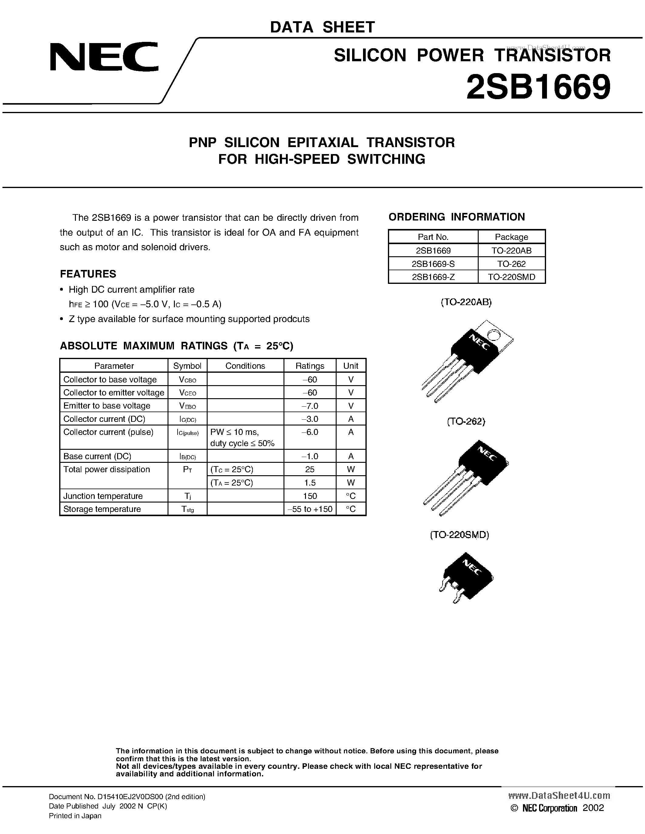 Datasheet 2SB1669 page 1 Datasheet 2SB1669 - PNP SILICON EPITAXIAL TRANSISTOR page 1