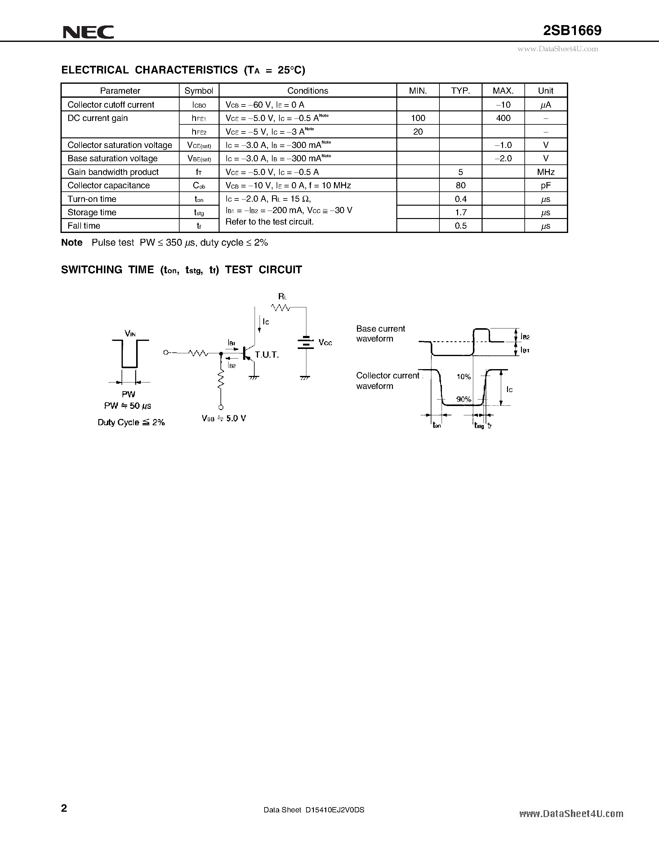 Datasheet 2SB1669 page 2 Datasheet 2SB1669 - PNP SILICON EPITAXIAL TRANSISTOR page 2