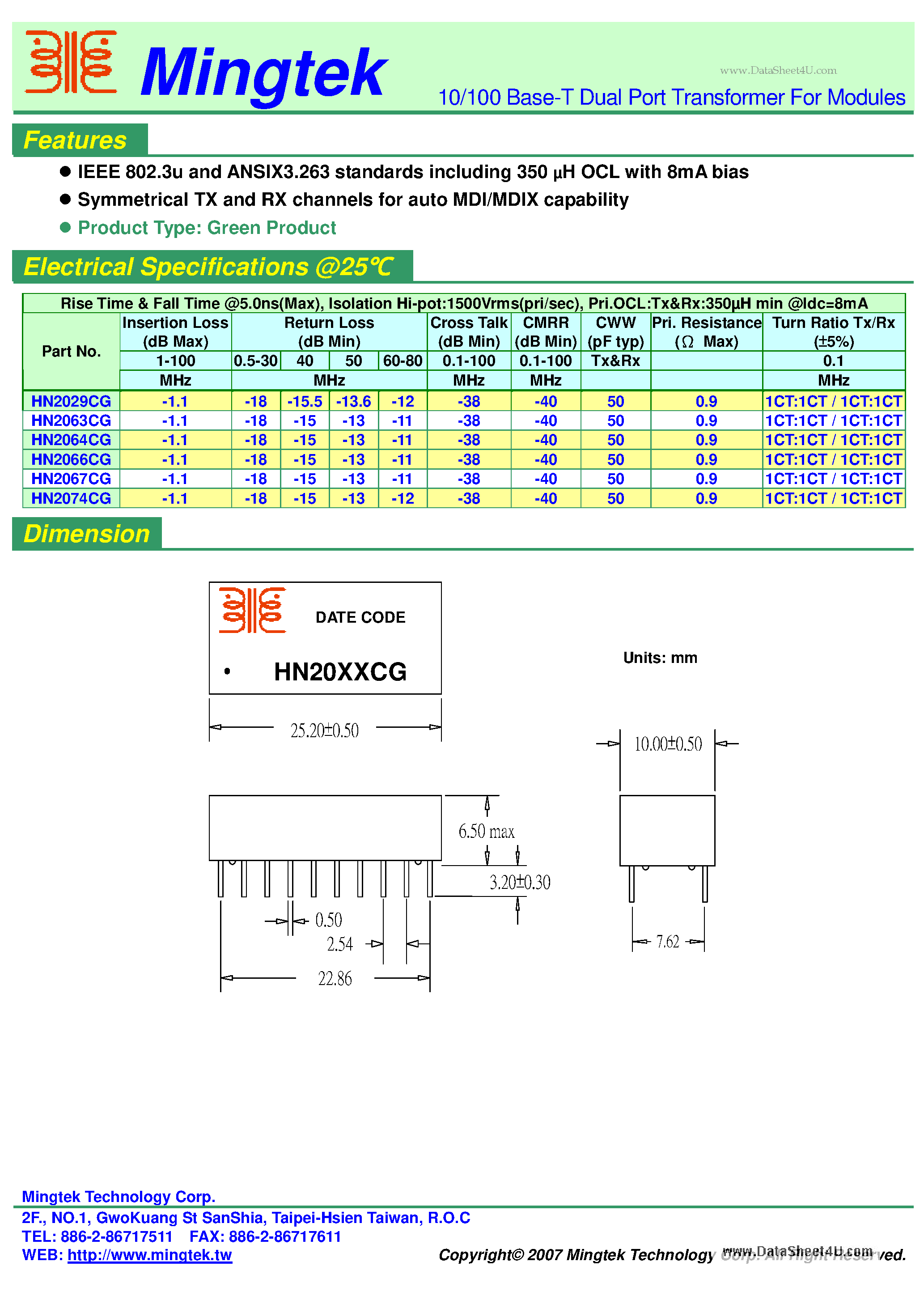 Даташит HN2029CG - (HN20xxCG) 10/100 Base-T Dual Port Transformer страница 1