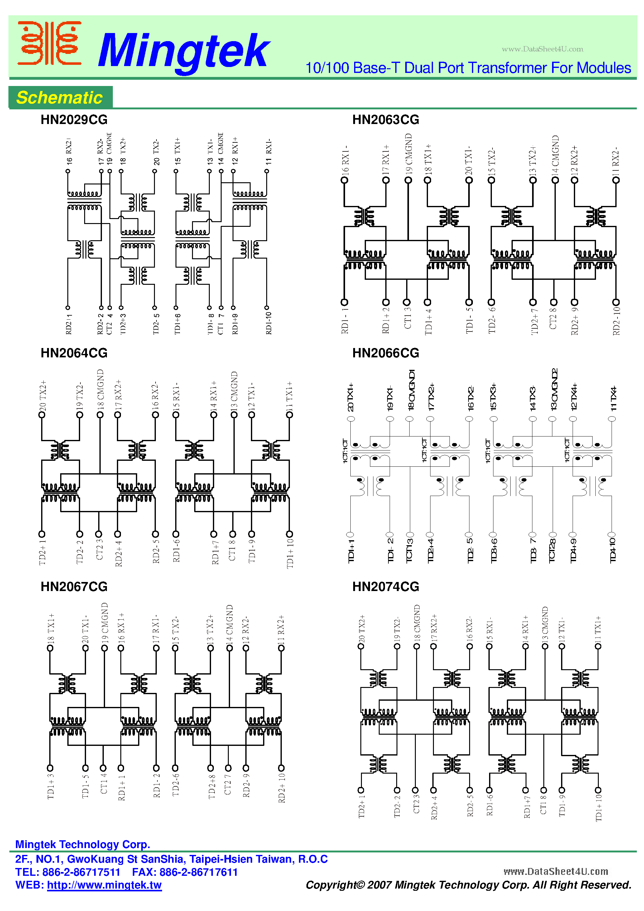 Даташит HN2029CG - (HN20xxCG) 10/100 Base-T Dual Port Transformer страница 2