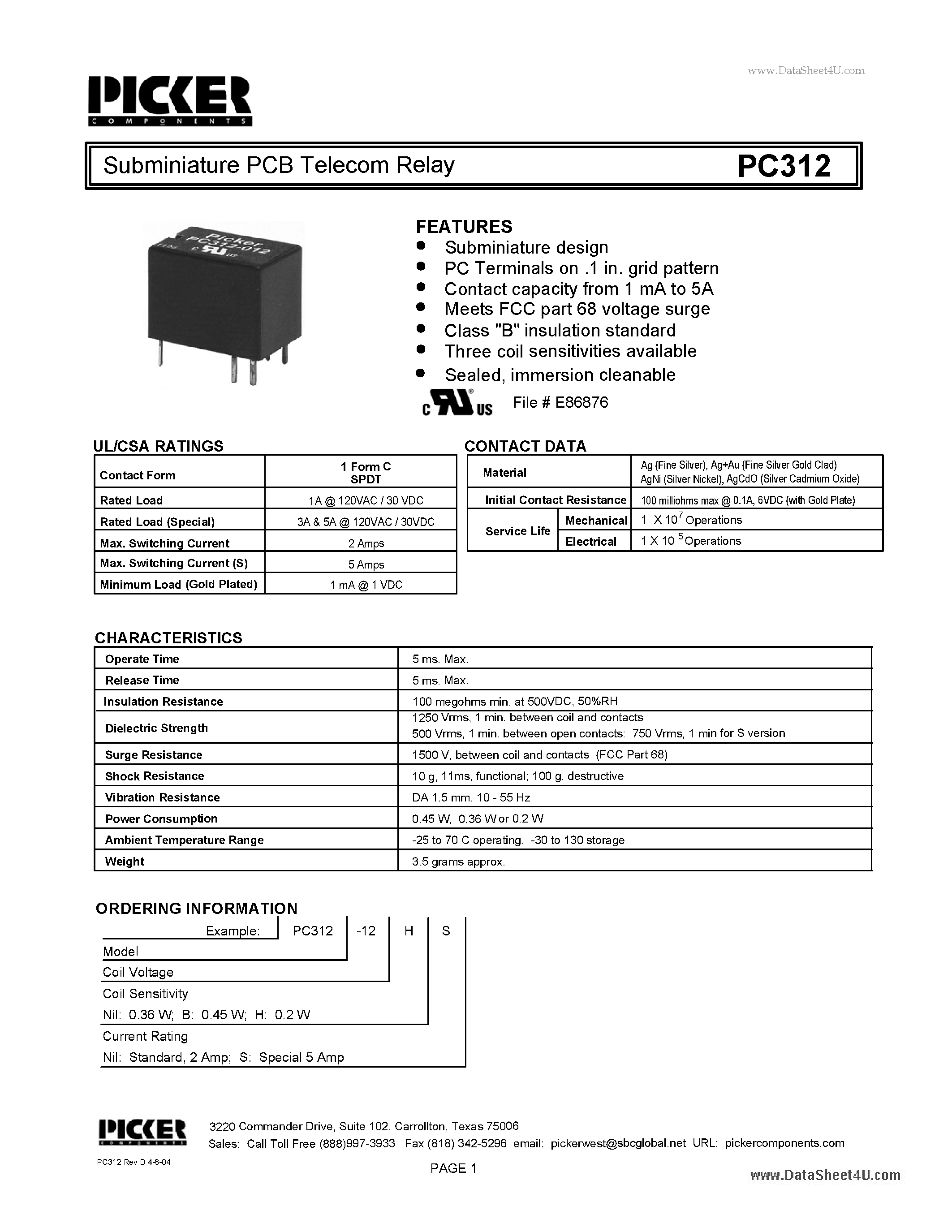 Datasheet PC312 - Subminiature PCB Telecom Relay page 1