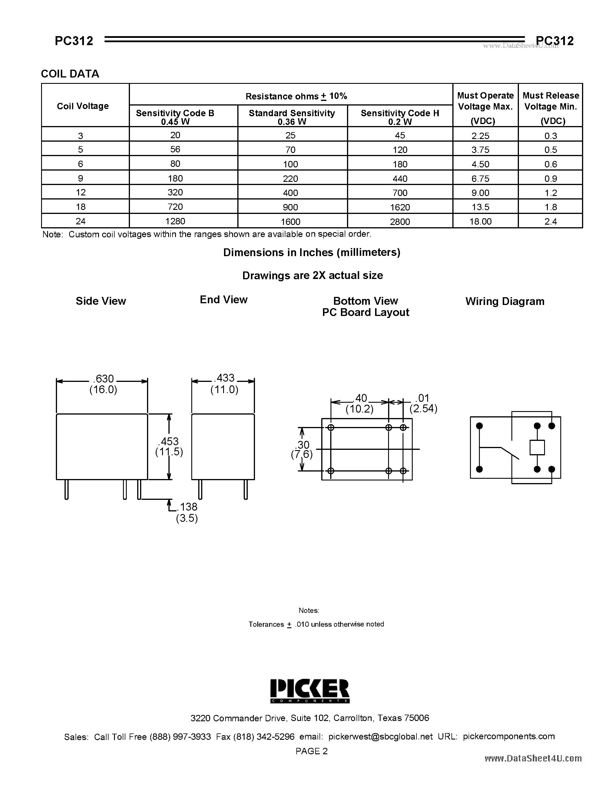Datasheet PC312 - Subminiature PCB Telecom Relay page 2