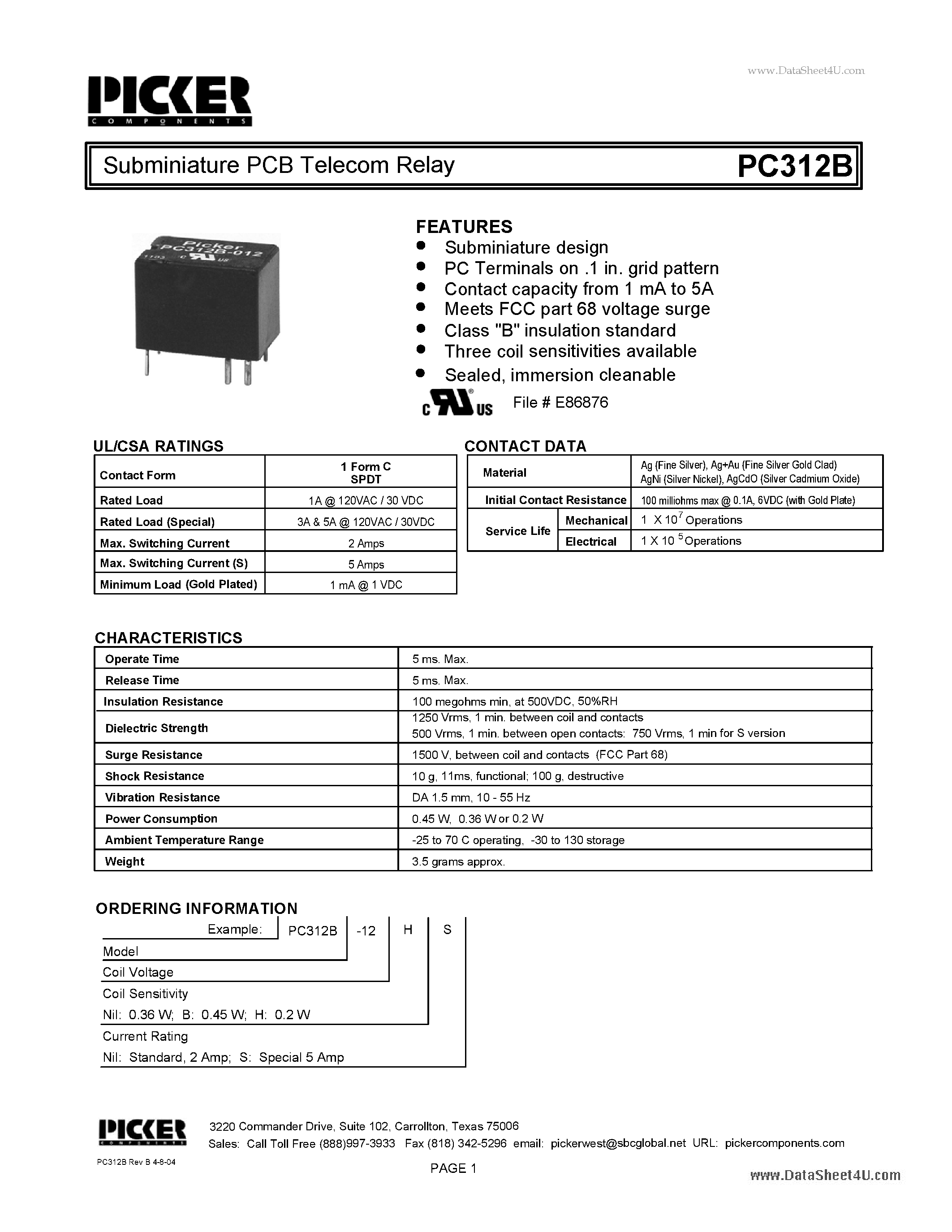 Datasheet PC312B - Subminiature PCB Telecom Relay page 1