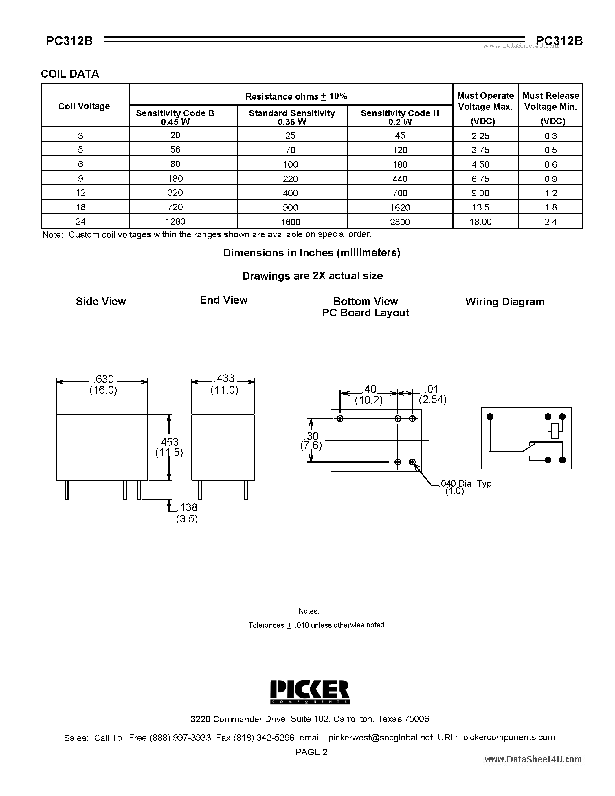 Datasheet PC312B - Subminiature PCB Telecom Relay page 2