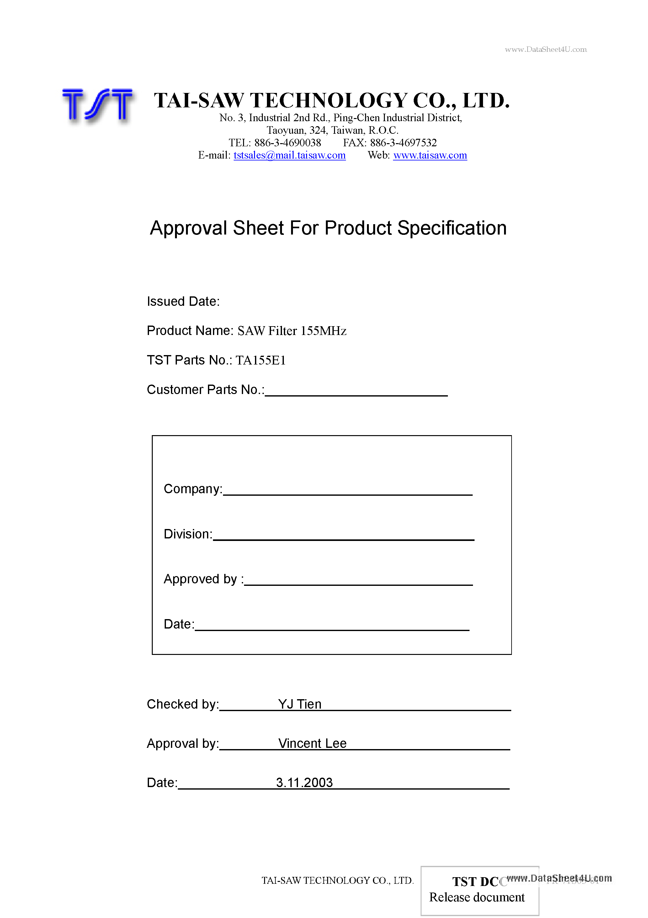 Datasheet TA155E1 page 1 Datasheet TA155E1 - SAW Filter page 1