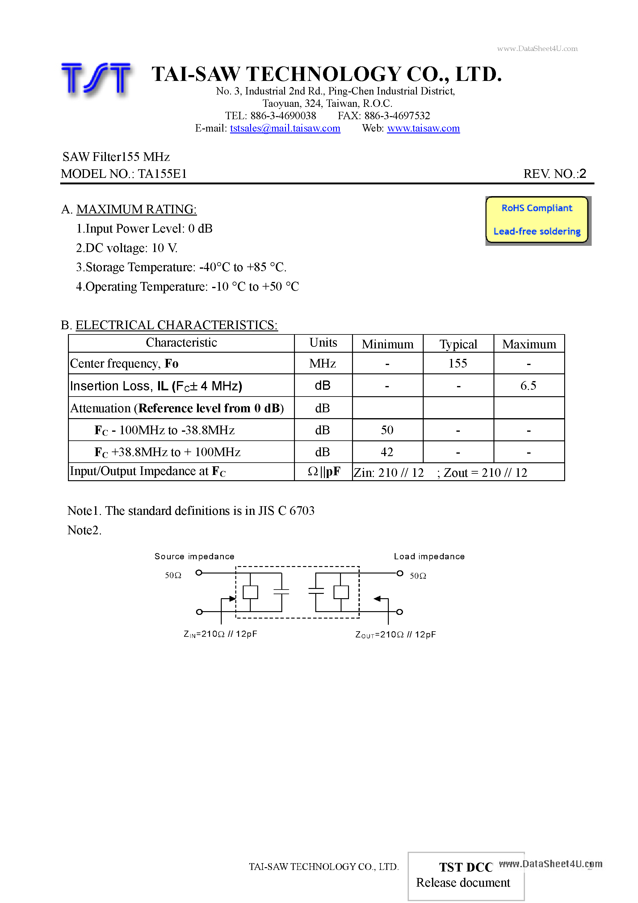 Datasheet TA155E1 page 2 Datasheet TA155E1 - SAW Filter page 2