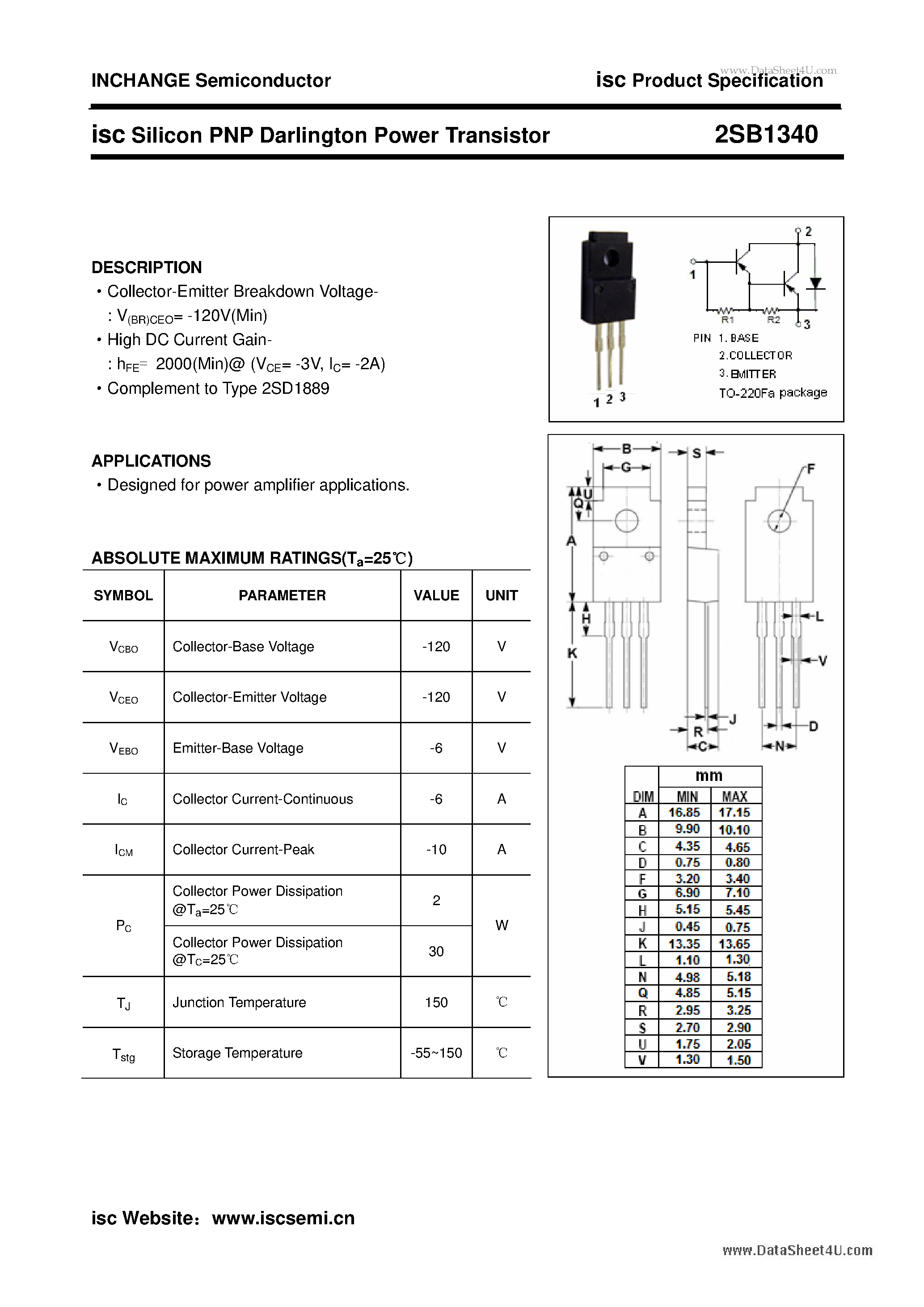Даташит 2SB1340 - Silicon PNP Darlington Power Transistor страница 1