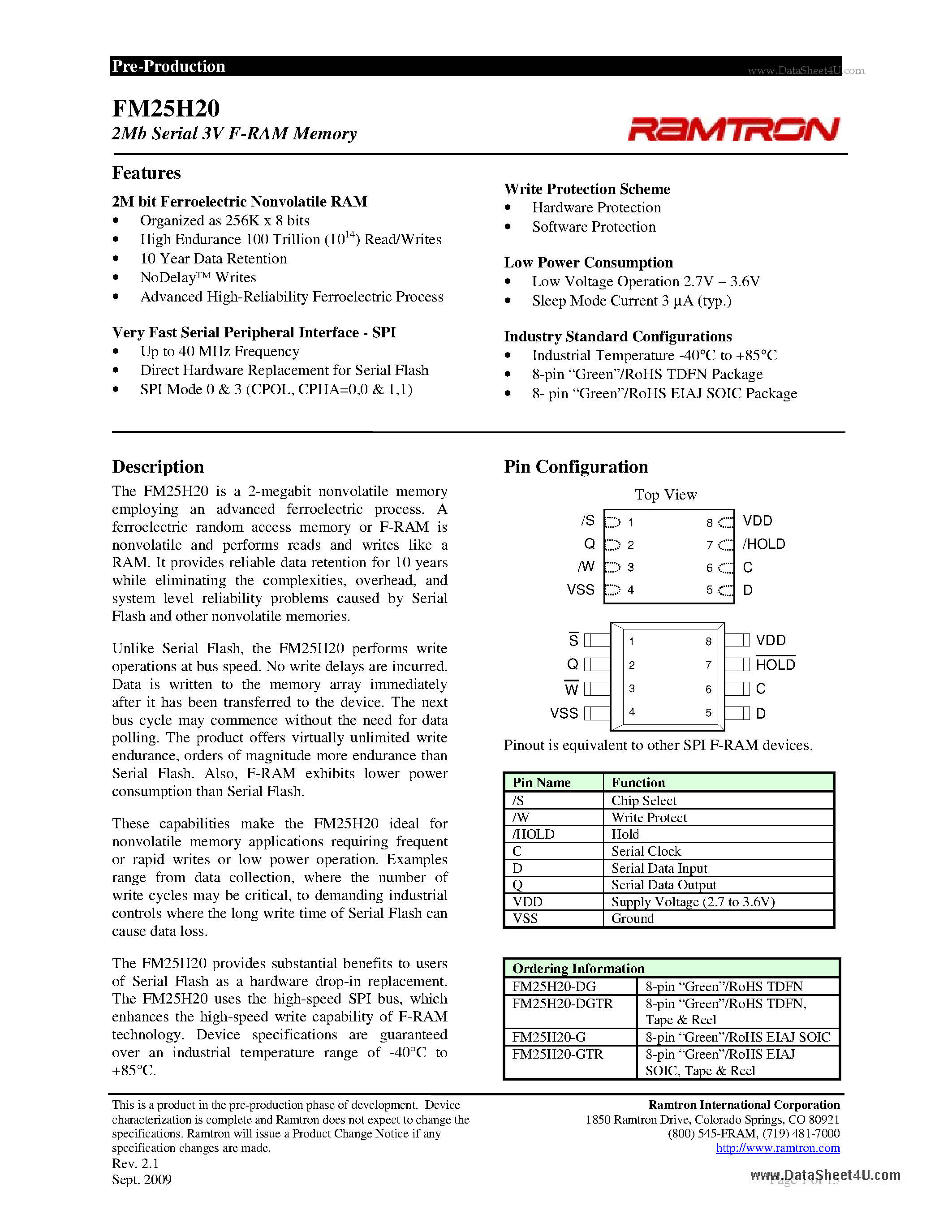 Datasheet FM25H20 page 1 Datasheet FM25H20 - 2Mb Serial 3V F-RAM Memory page 1