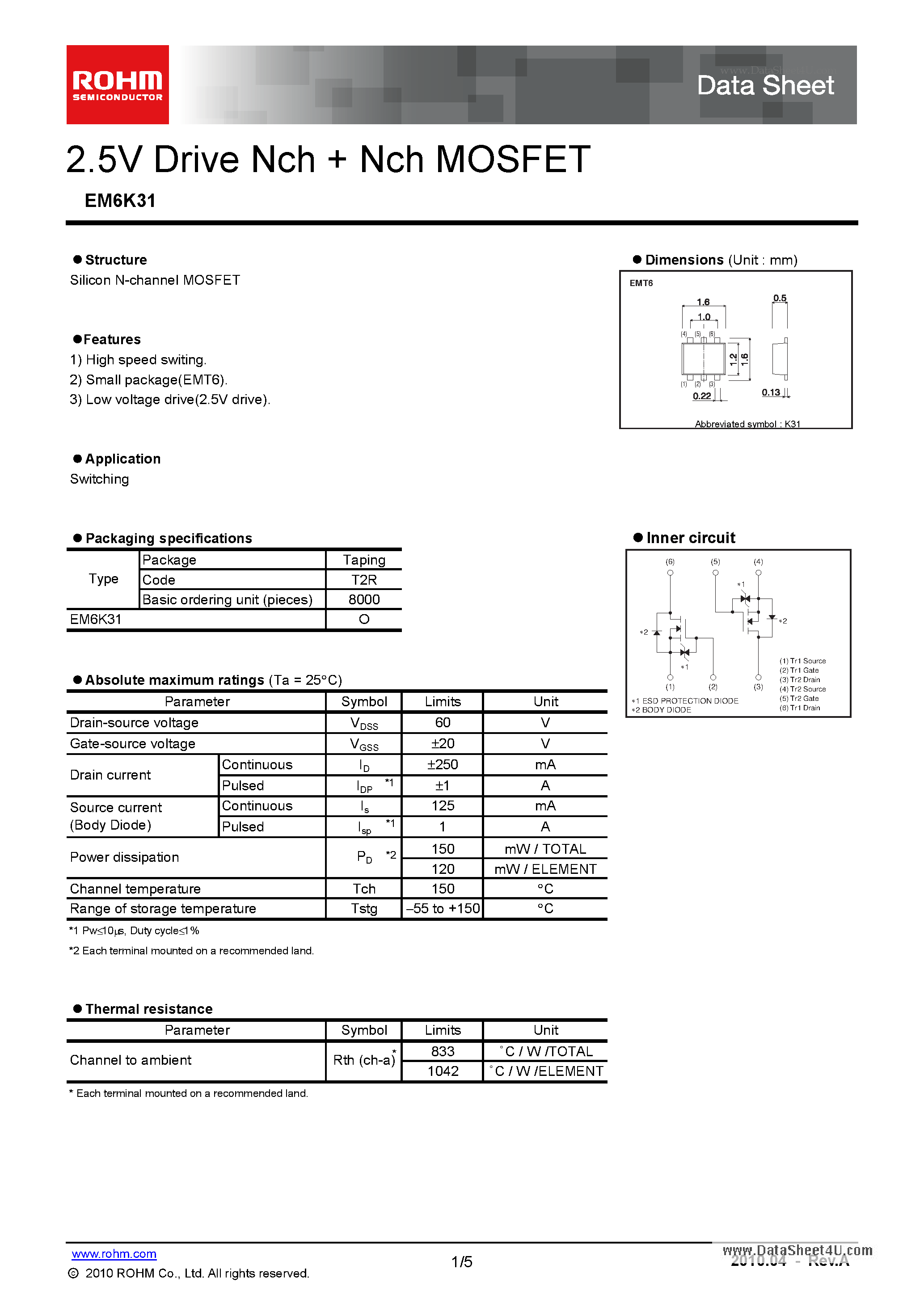 Даташит на микросхему EM6K31 страница 1 Даташит EM6K31 - 2.5V Drive Nch Nch MOSFET страница 1