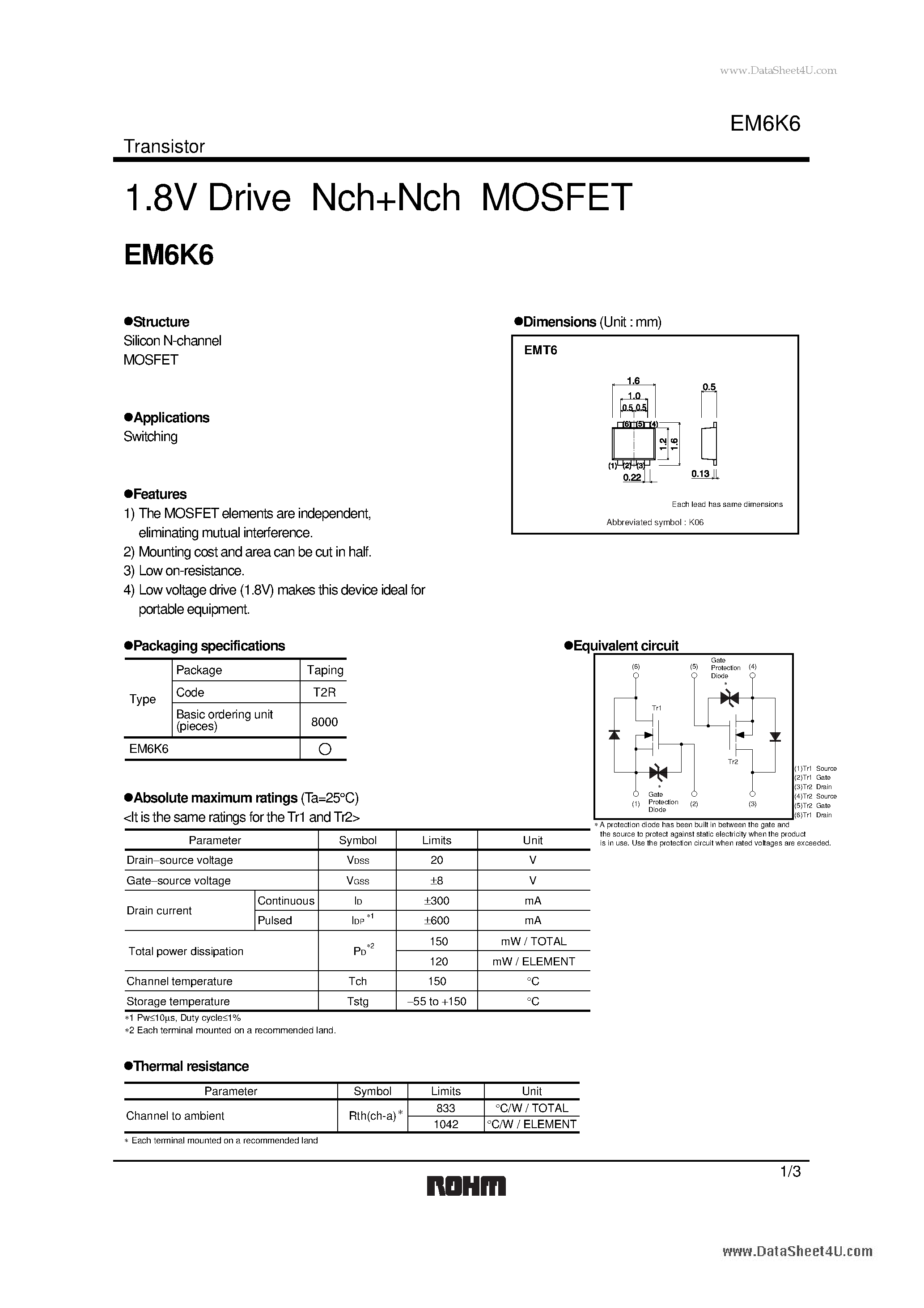 Даташит EM6K6 - 1.8V Drive NchNch MOSFET страница 1