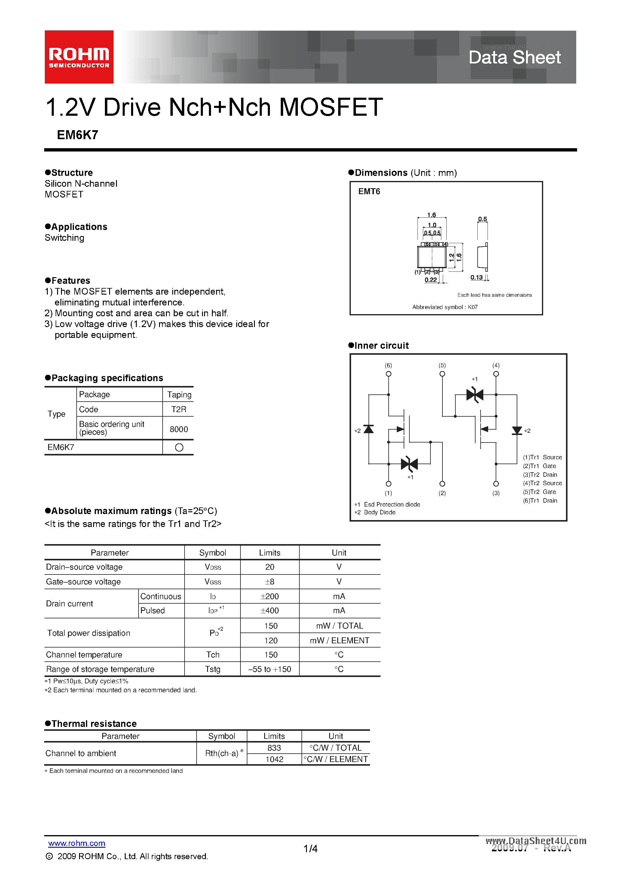 Даташит EM6K7 - 1.2V Drive NchNch MOSFET страница 1
