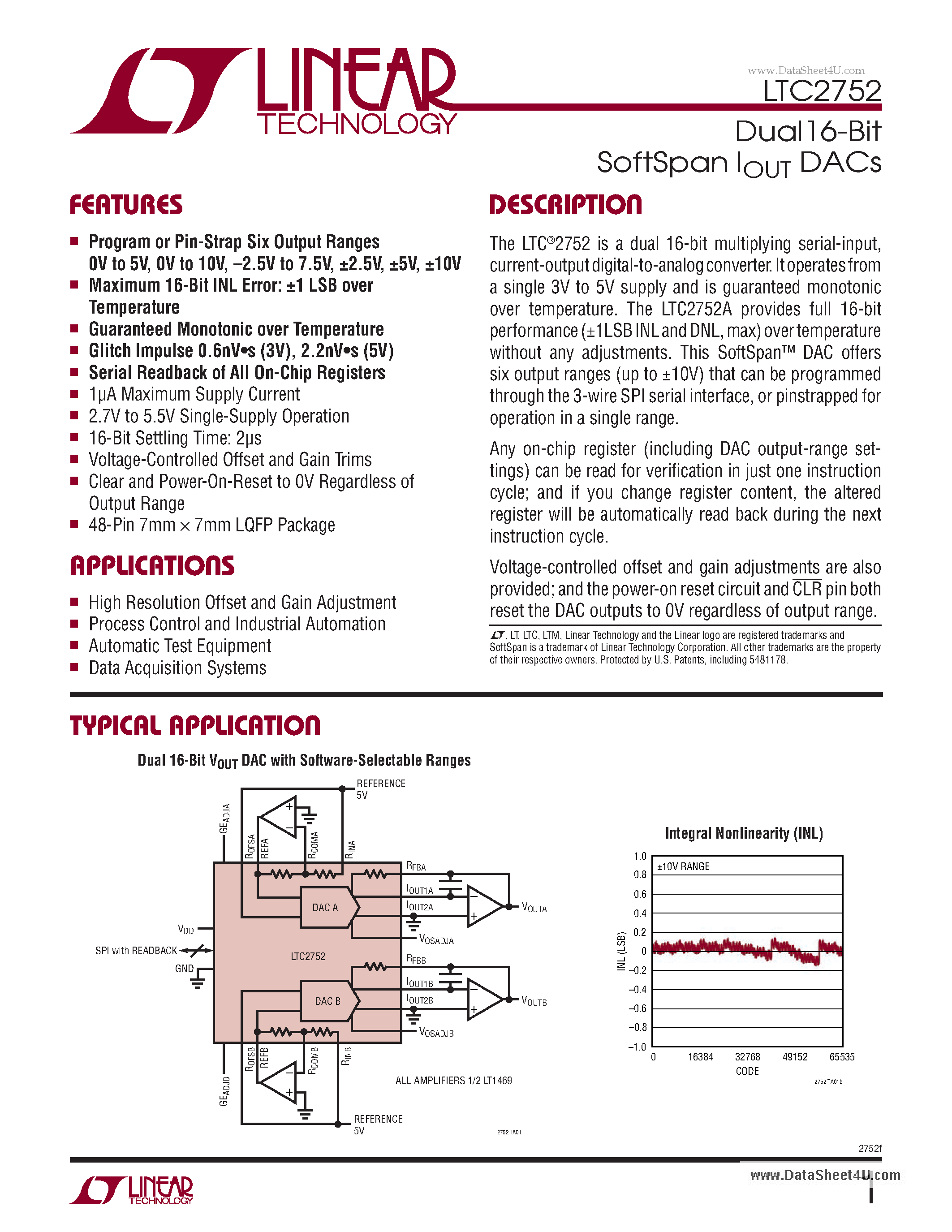 Datasheet LTC2752 page 1 Datasheet LTC2752 - Dual16-Bit SoftSpan IOUT DACs page 1