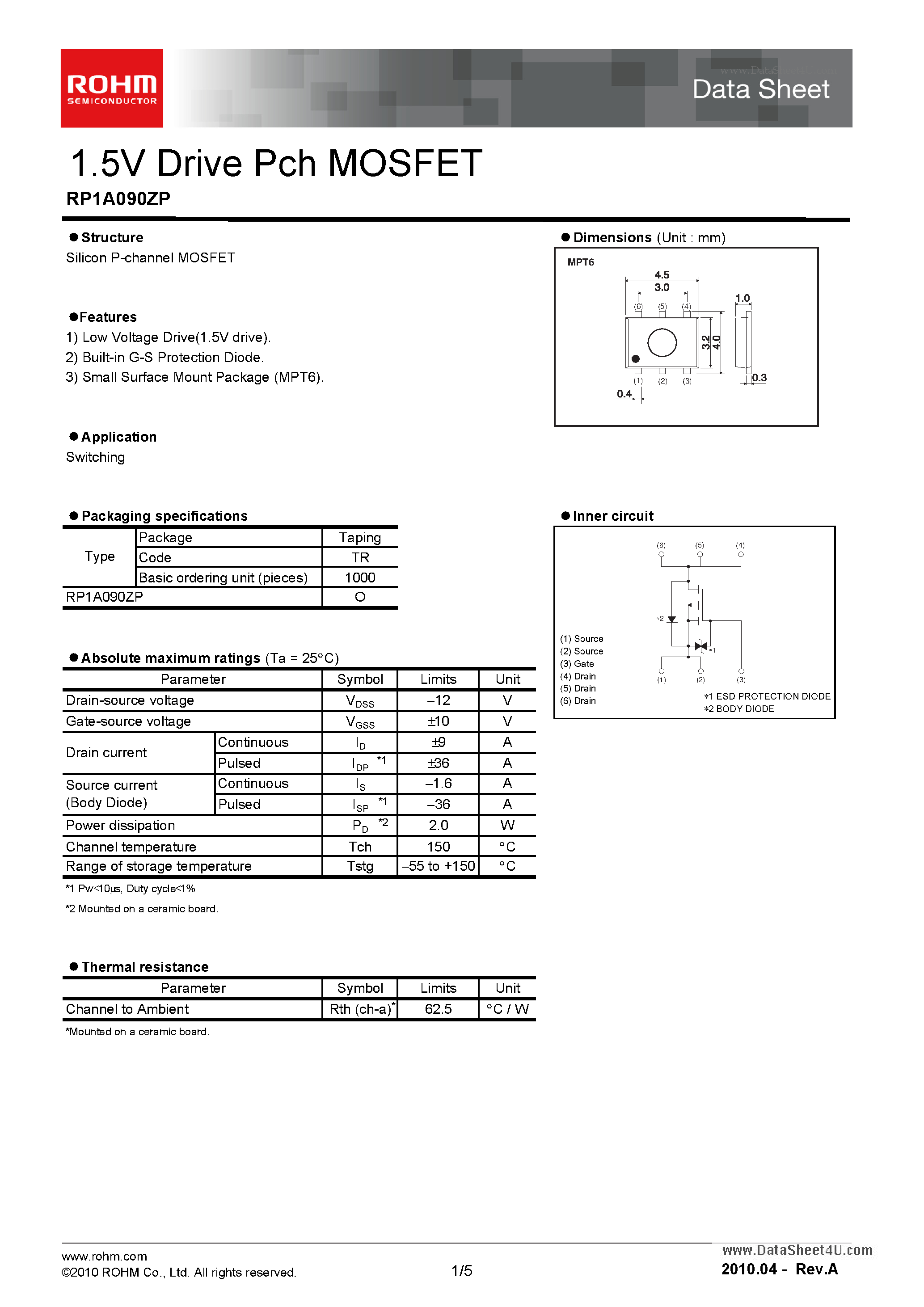 Даташит на микросхему RP1A090ZP страница 1 Даташит RP1A090ZP - 1.5V Drive Pch MOSFET страница 1