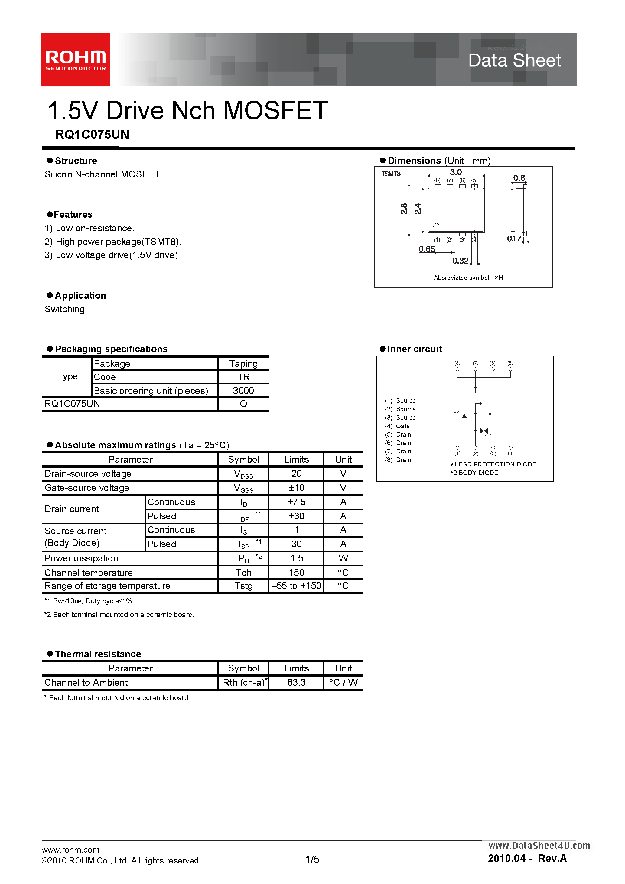 Даташит на микросхему RQ1C075UN страница 1 Даташит RQ1C075UN - 1.5V Drive Nch MOSFET страница 1