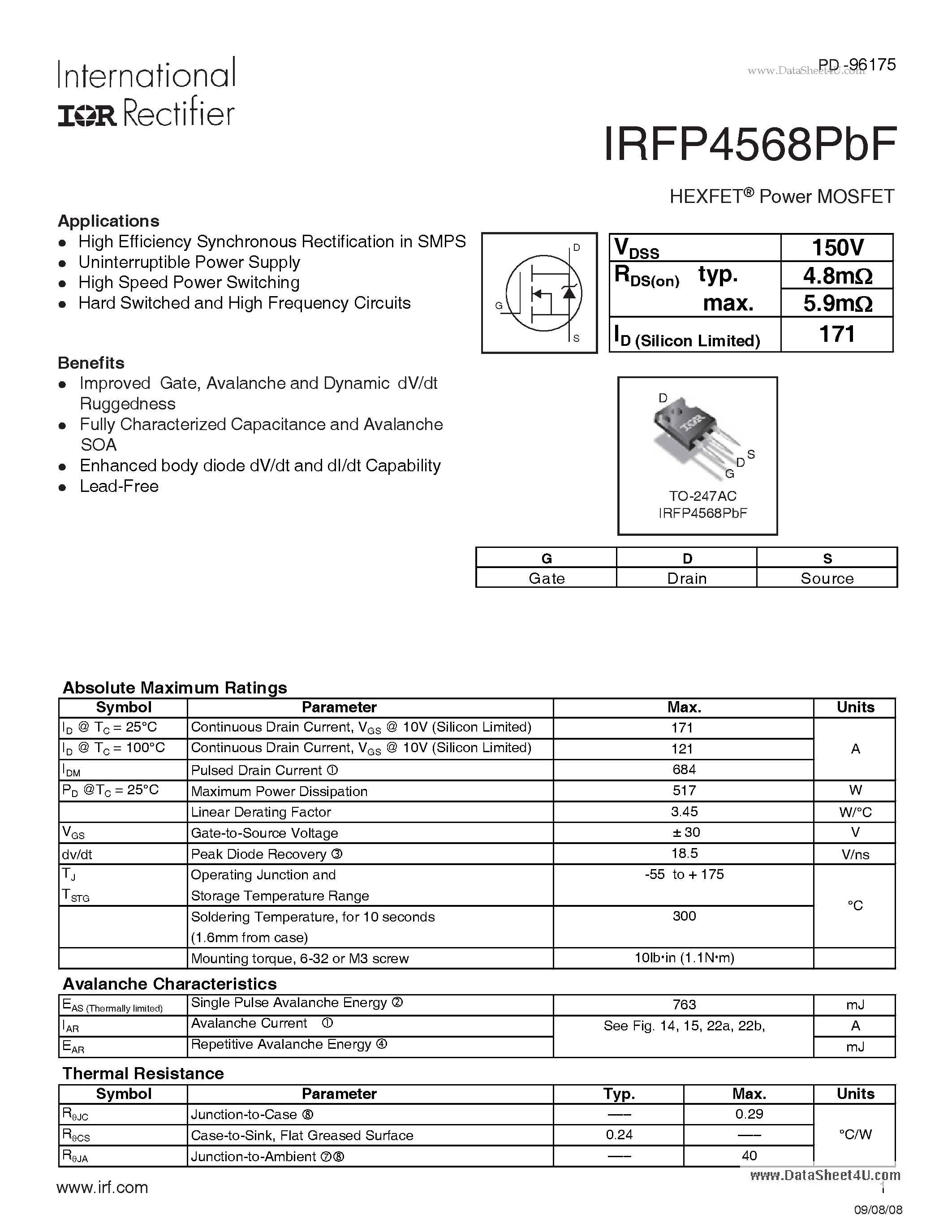 Даташит IRFP4568PBF - HEXFET Power MOSFET страница 1